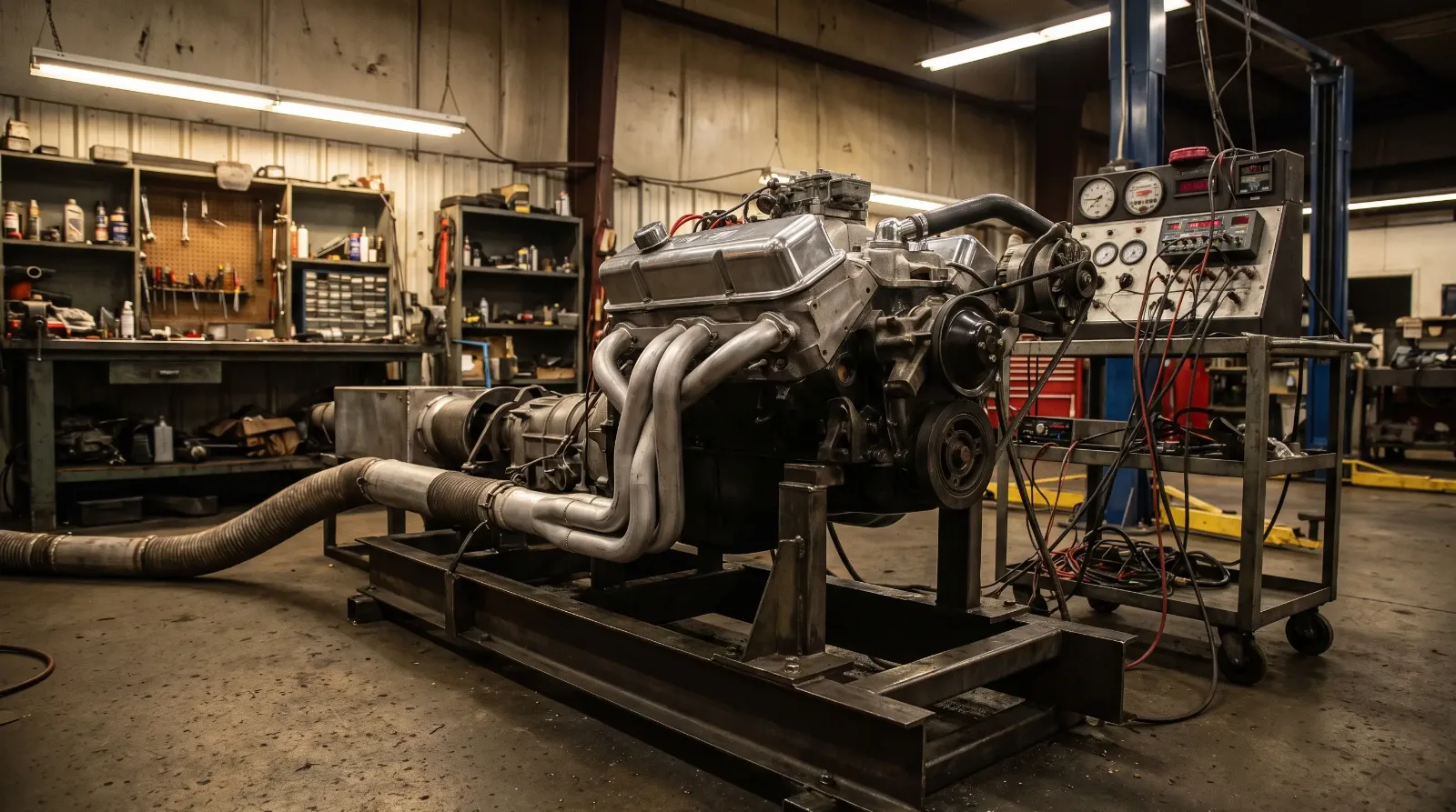 Classic muscle car big-block V8 stripped on an engine dyno test stand with open headers