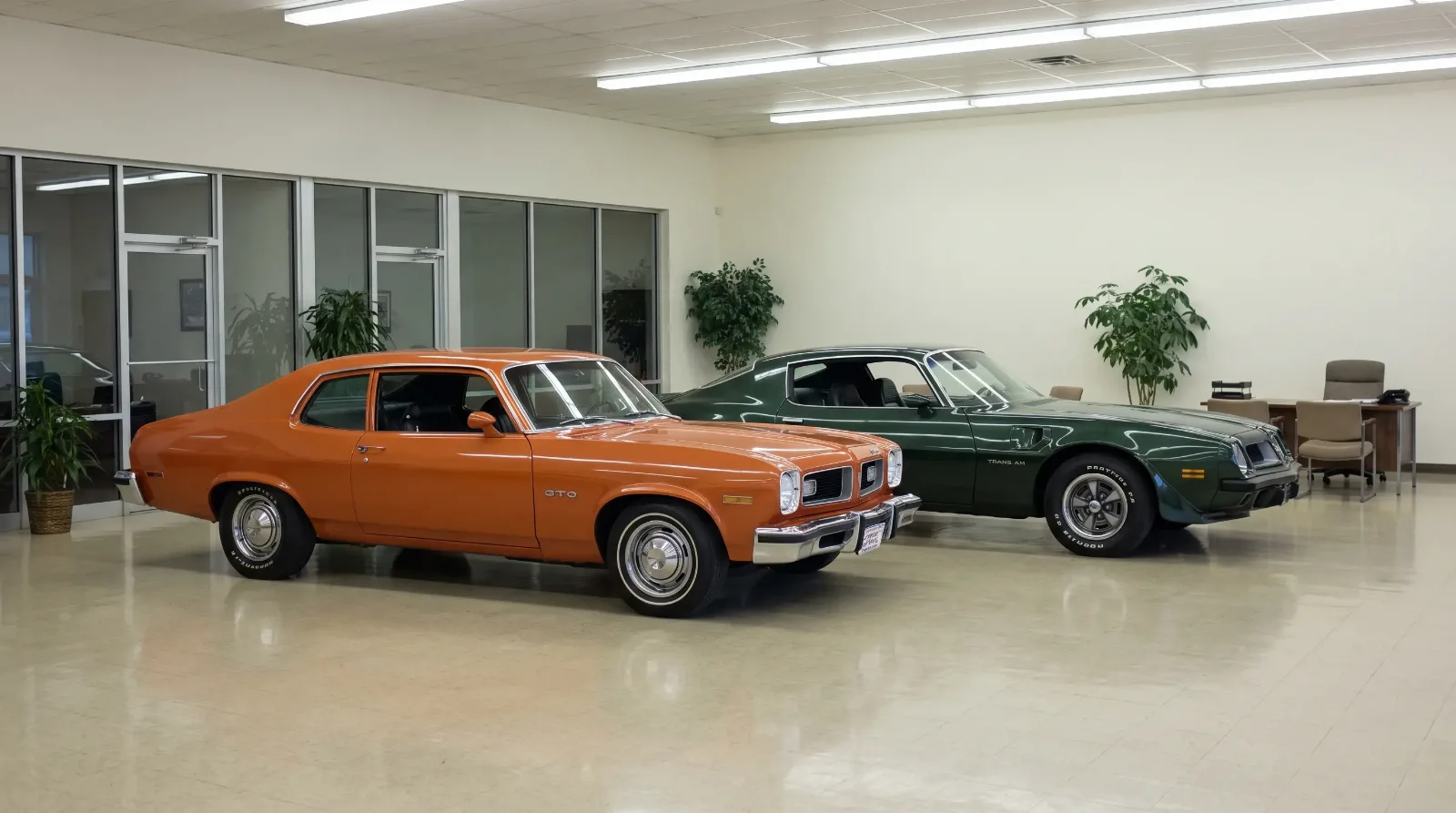 1974 dealership showroom with GTO and Firebird
