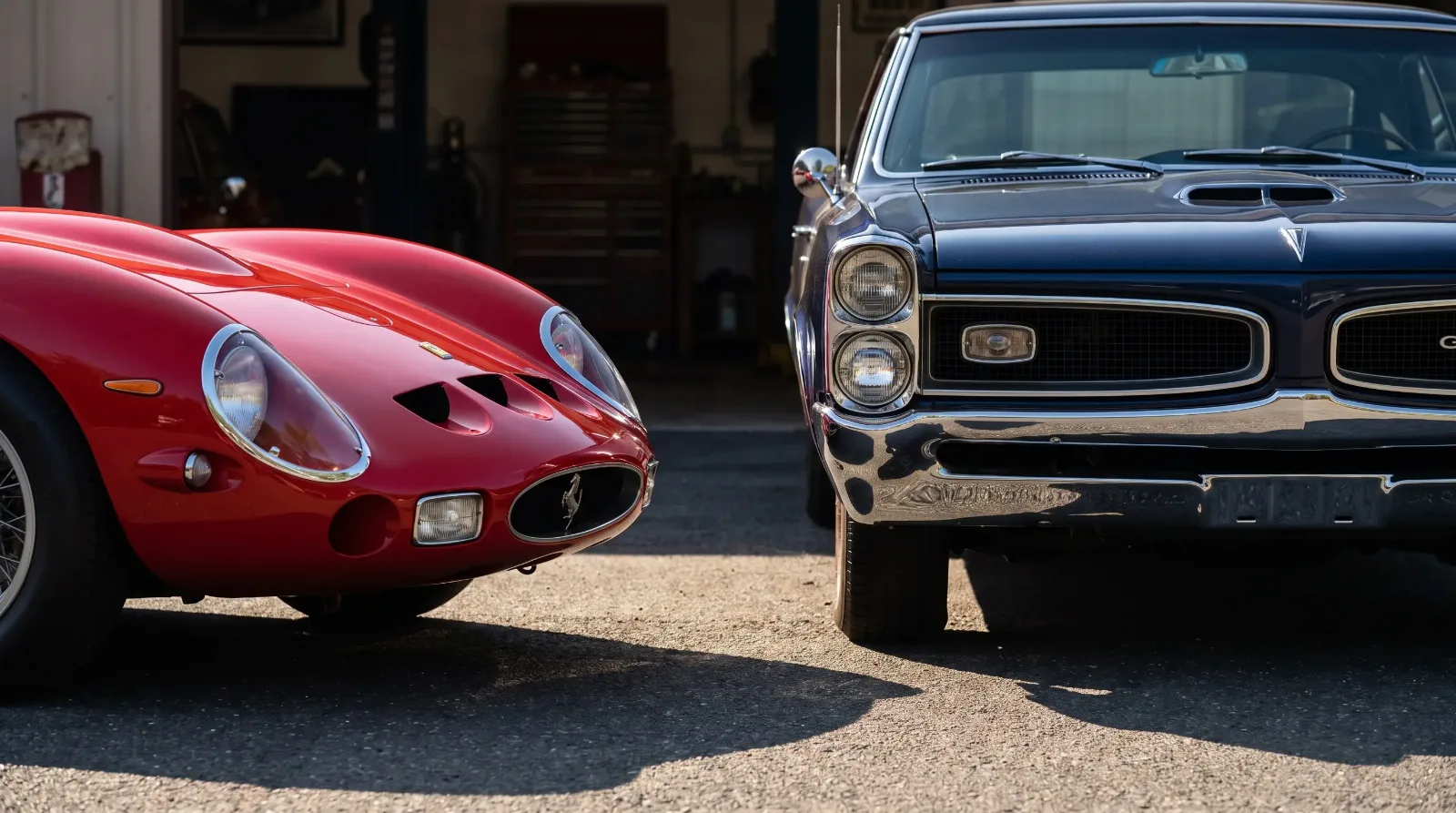 Ferrari 250 GTO nose beside Pontiac GTO grille