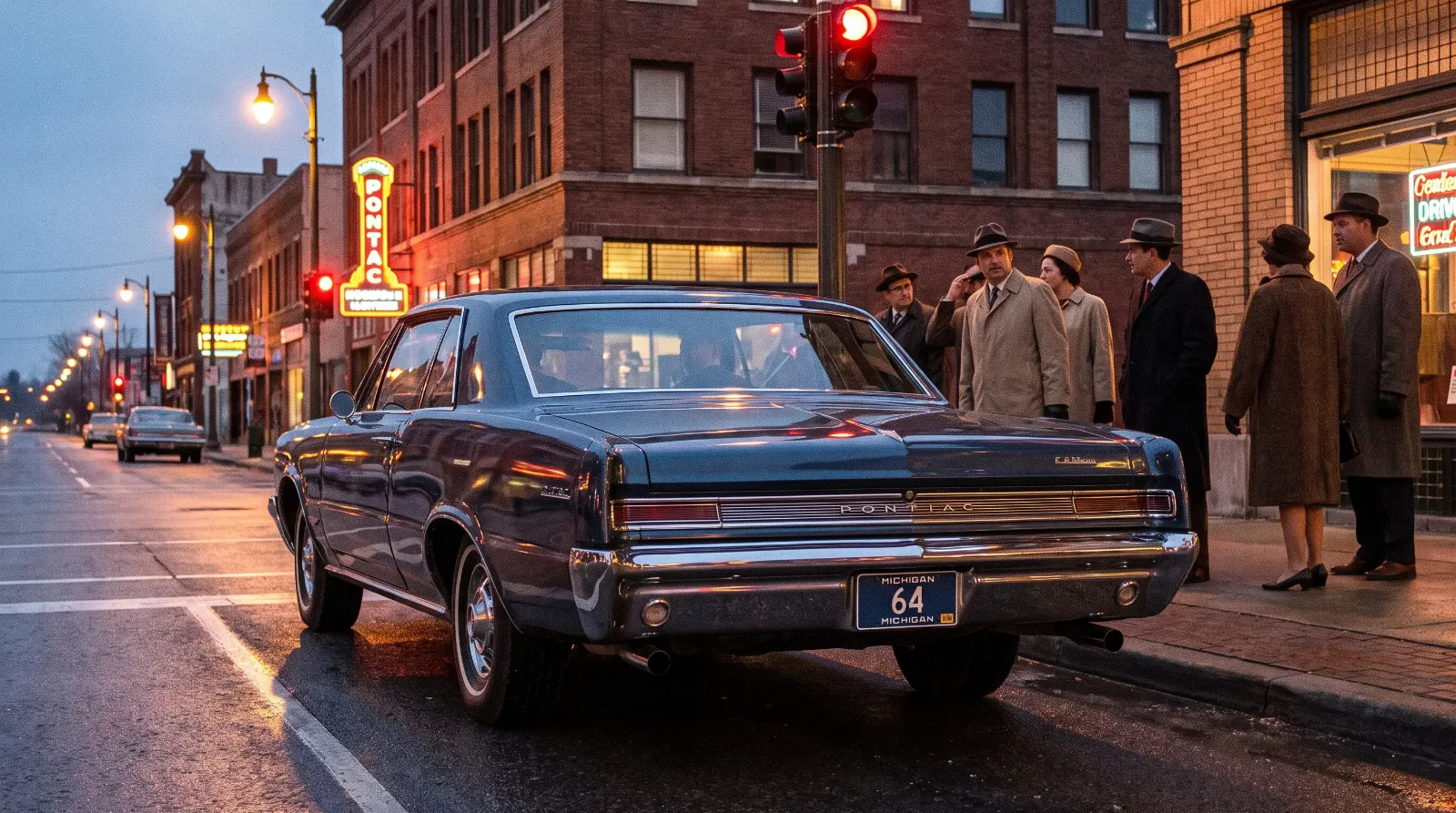 1964 GTO stopped at city stoplight dusk