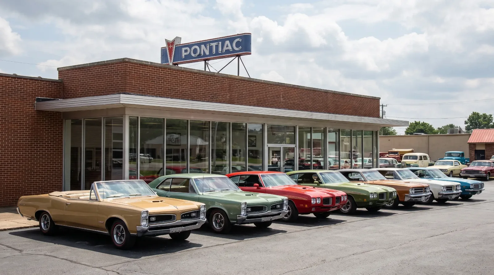 Lineup of Pontiac GTOs by model year at dealership