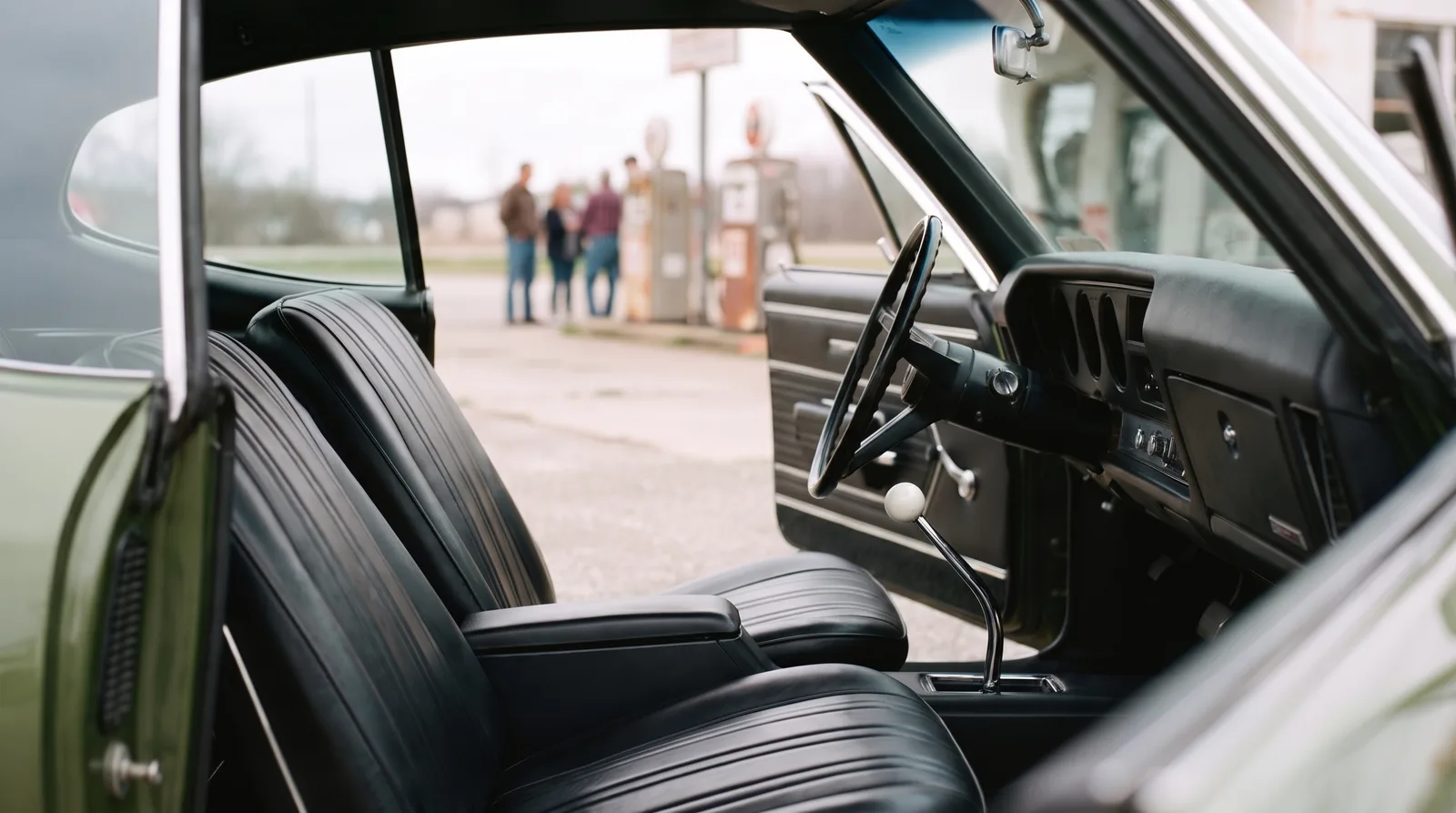 1968 Pontiac GTO: Hurst four-speed shifter at an old gas station