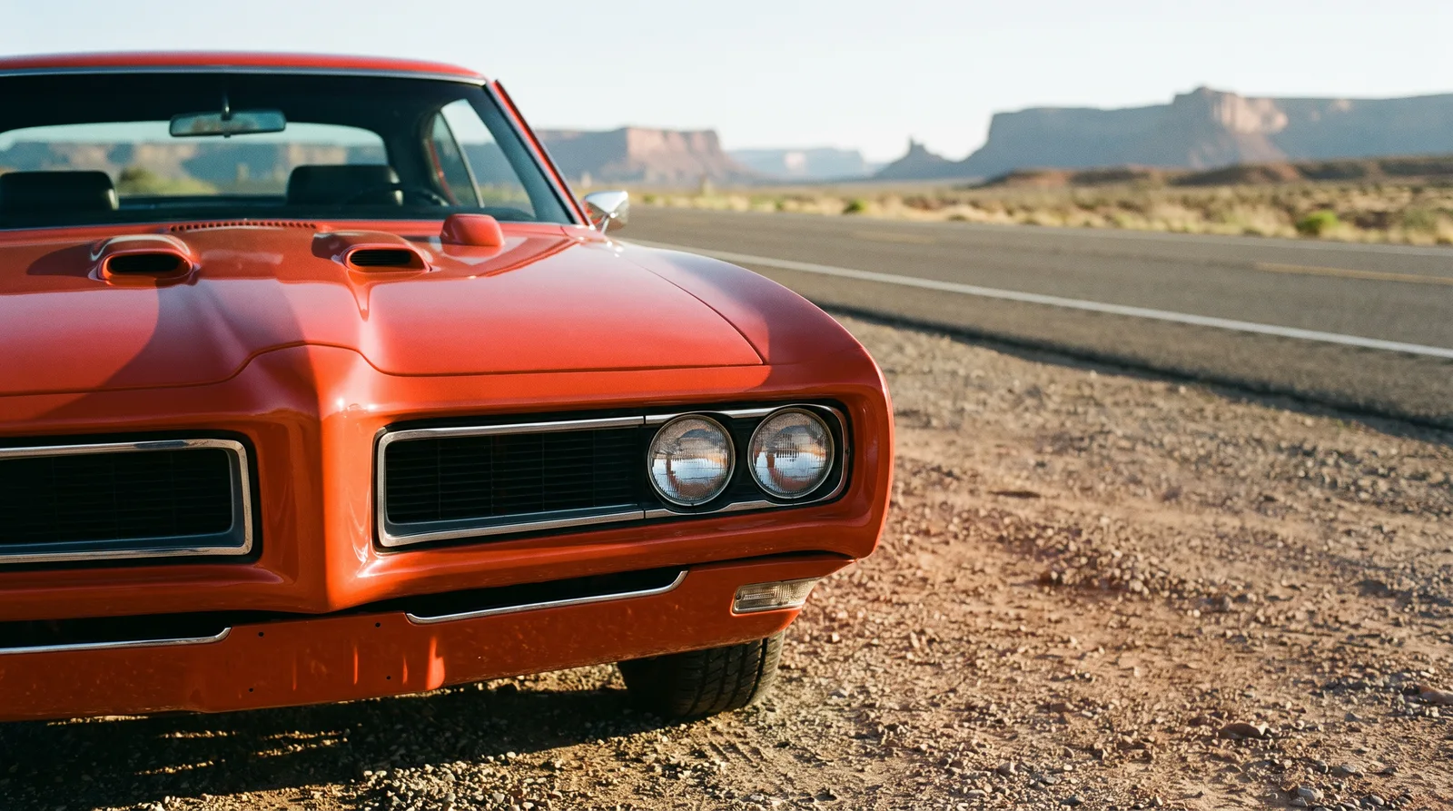 1969 Pontiac GTO Judge: Endura nose on a desert highway shoulder