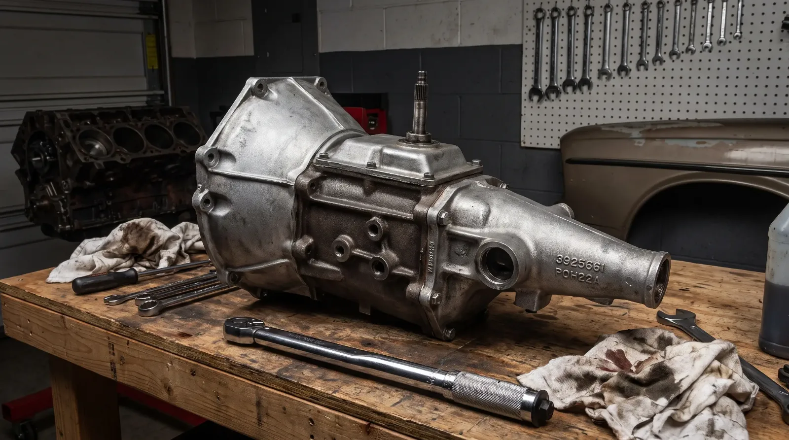 Muncie M22 Rock Crusher transmission case on workbench