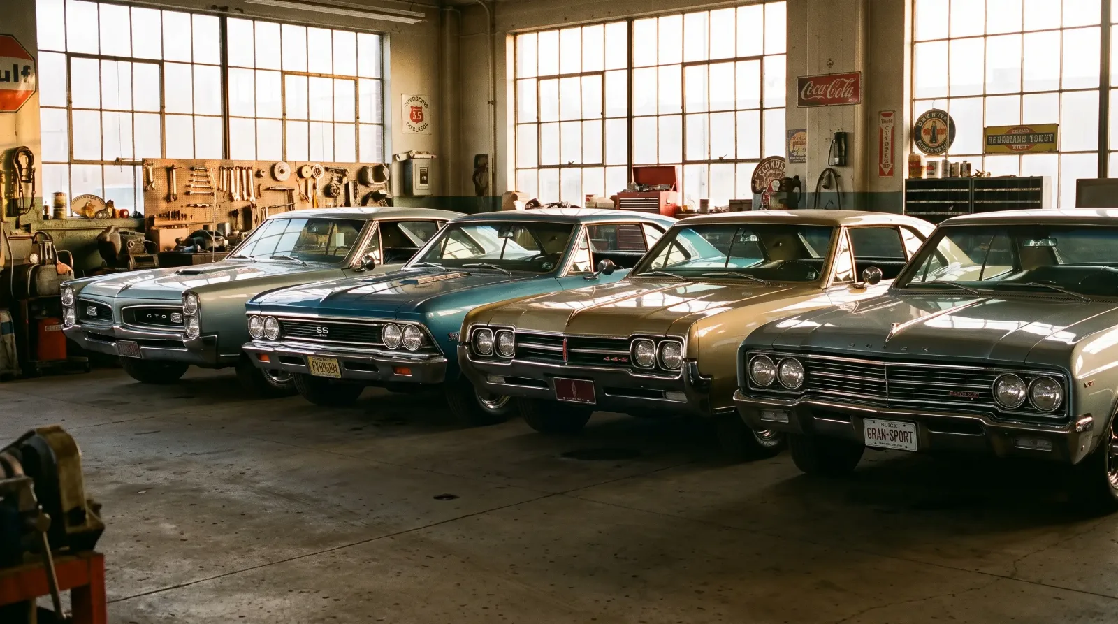 Four 1966 GM A-body muscle cars parked together