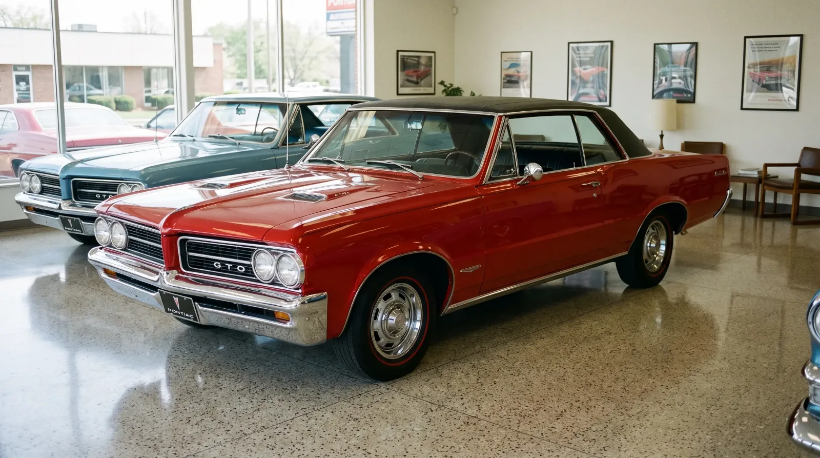 1964 GTO and LeMans in dealership showroom
