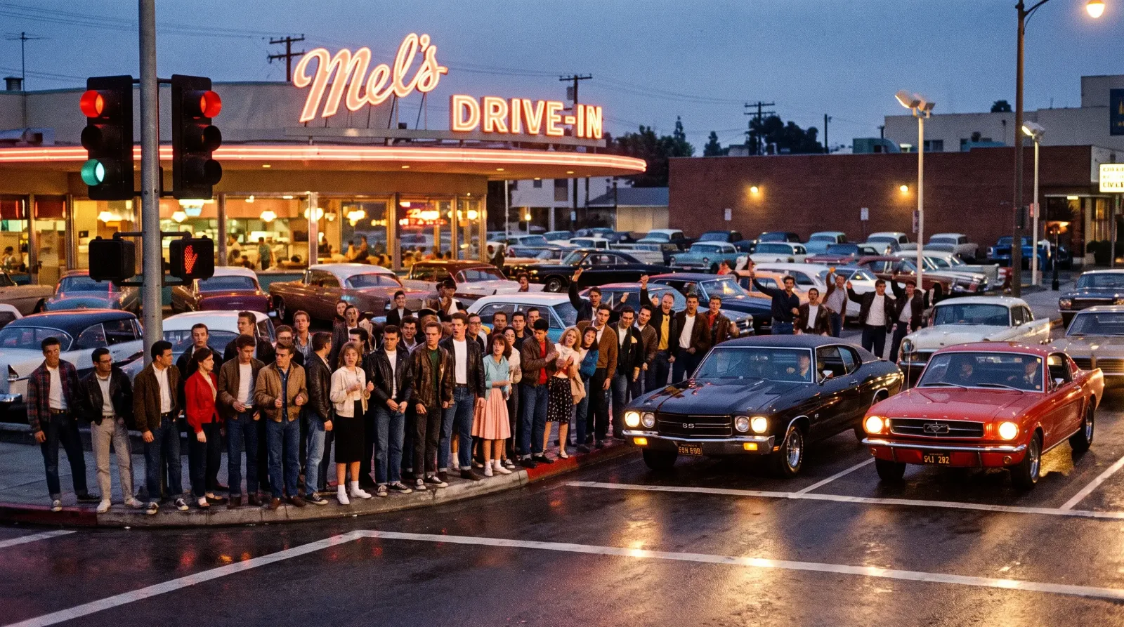 Crowd watching muscle cars staged at Woodward stoplight