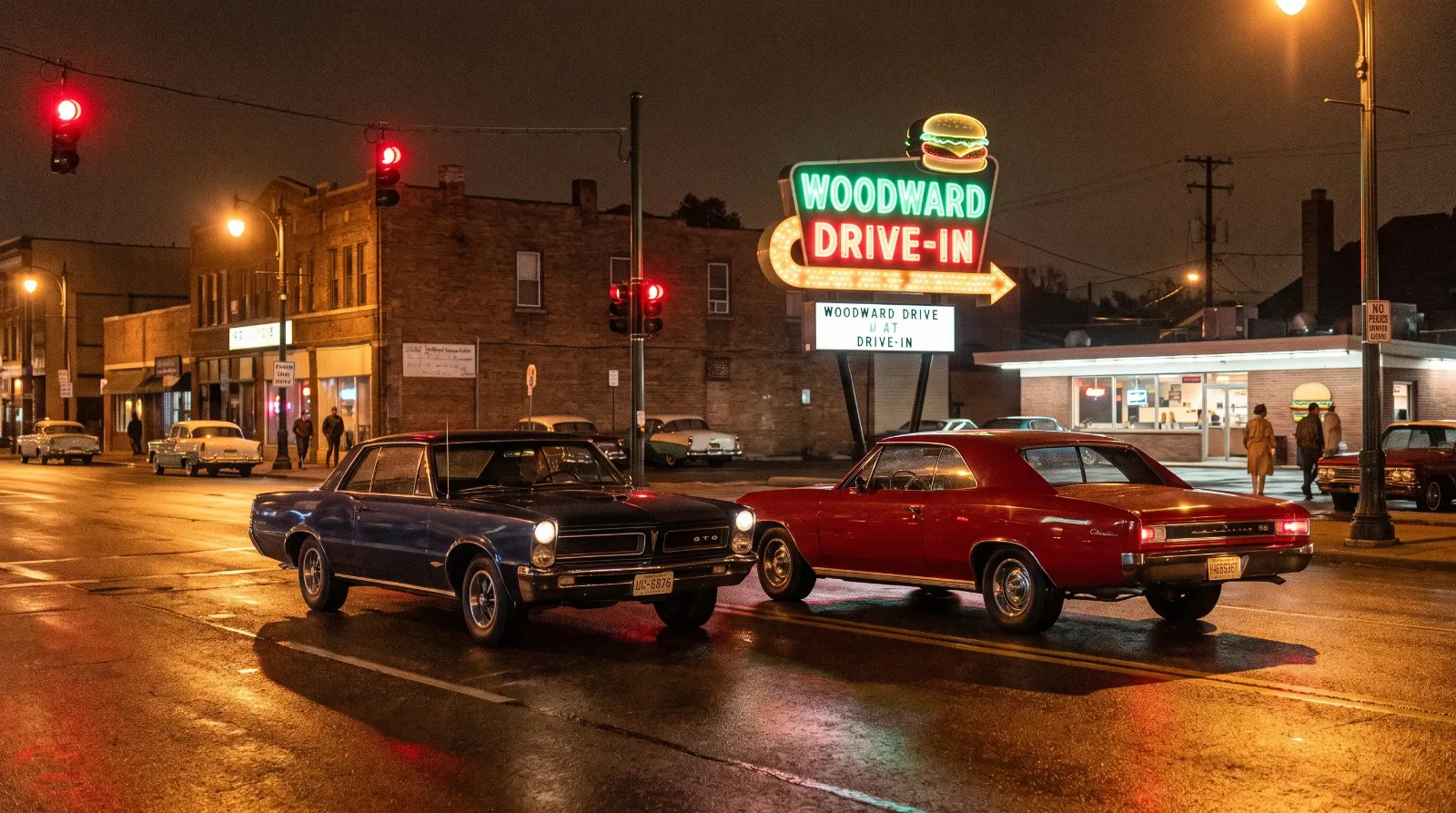 1960s GTOs at Woodward Avenue stoplight at night