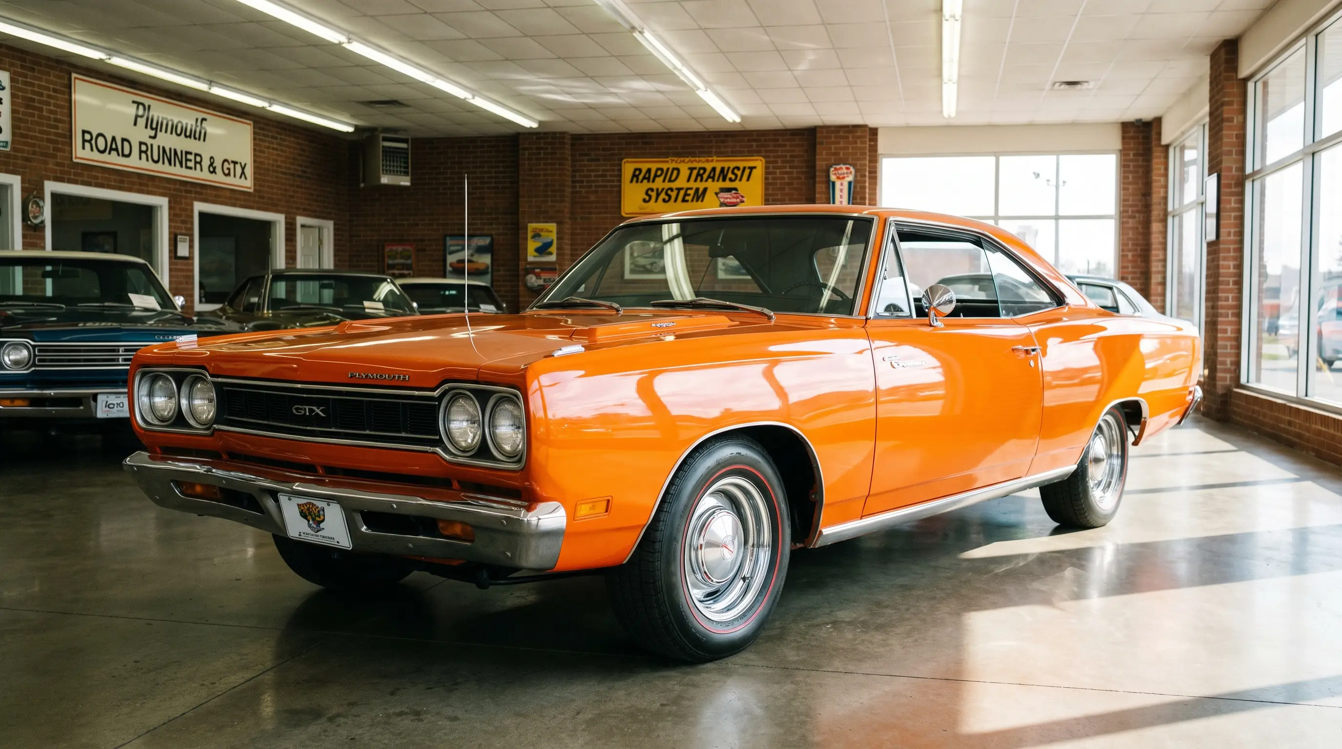 Orange 1968 Plymouth GTX parked in a sunlit vintage dealership showroom
