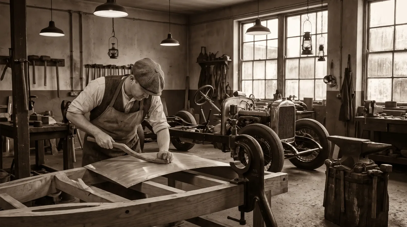 1920s craftsman hand-forming aluminum body panel