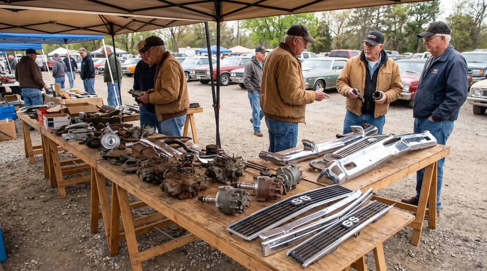 Vintage swap meet tables covered with classic muscle car carburetors, trim and emblems for sale