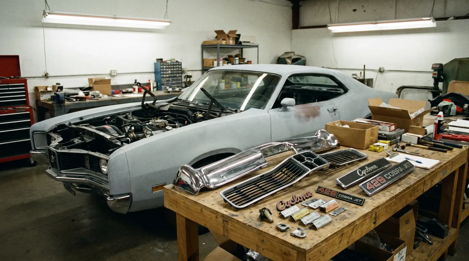 1970 Mercury Cyclone Spoiler in a restoration workshop with hard-to-find trim and parts laid out