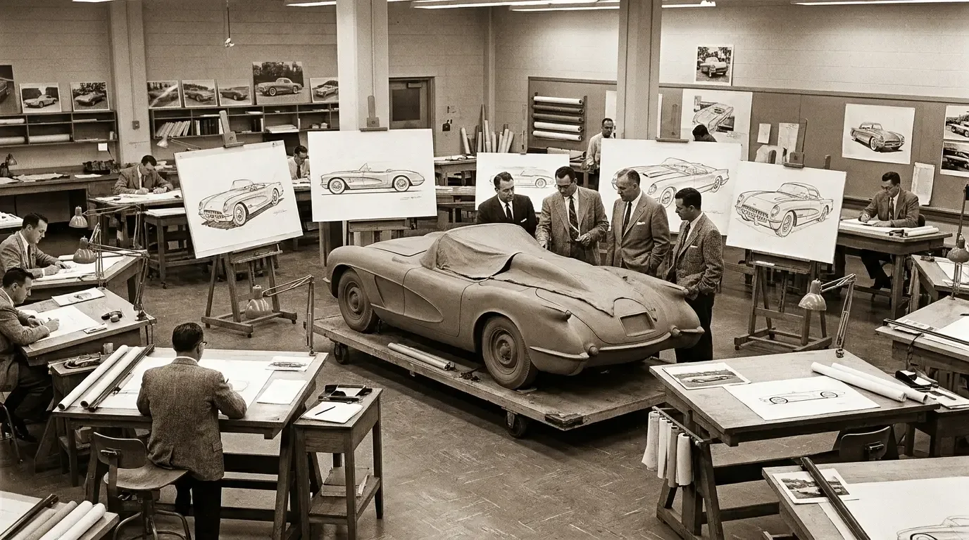 1951-era GM styling studio with early Corvette concept sketches and clay model — Harley Earl era design atmosphere