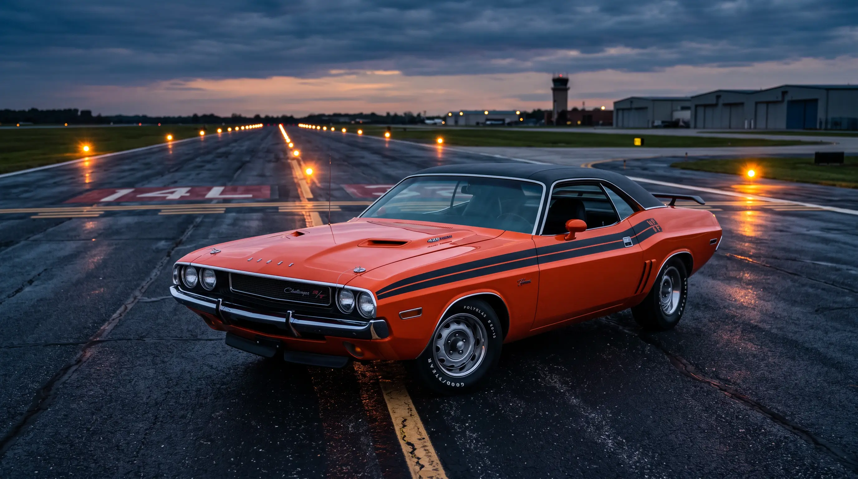 Orange 1971 Dodge Challenger R/T Hemi parked on an airport tarmac at dusk