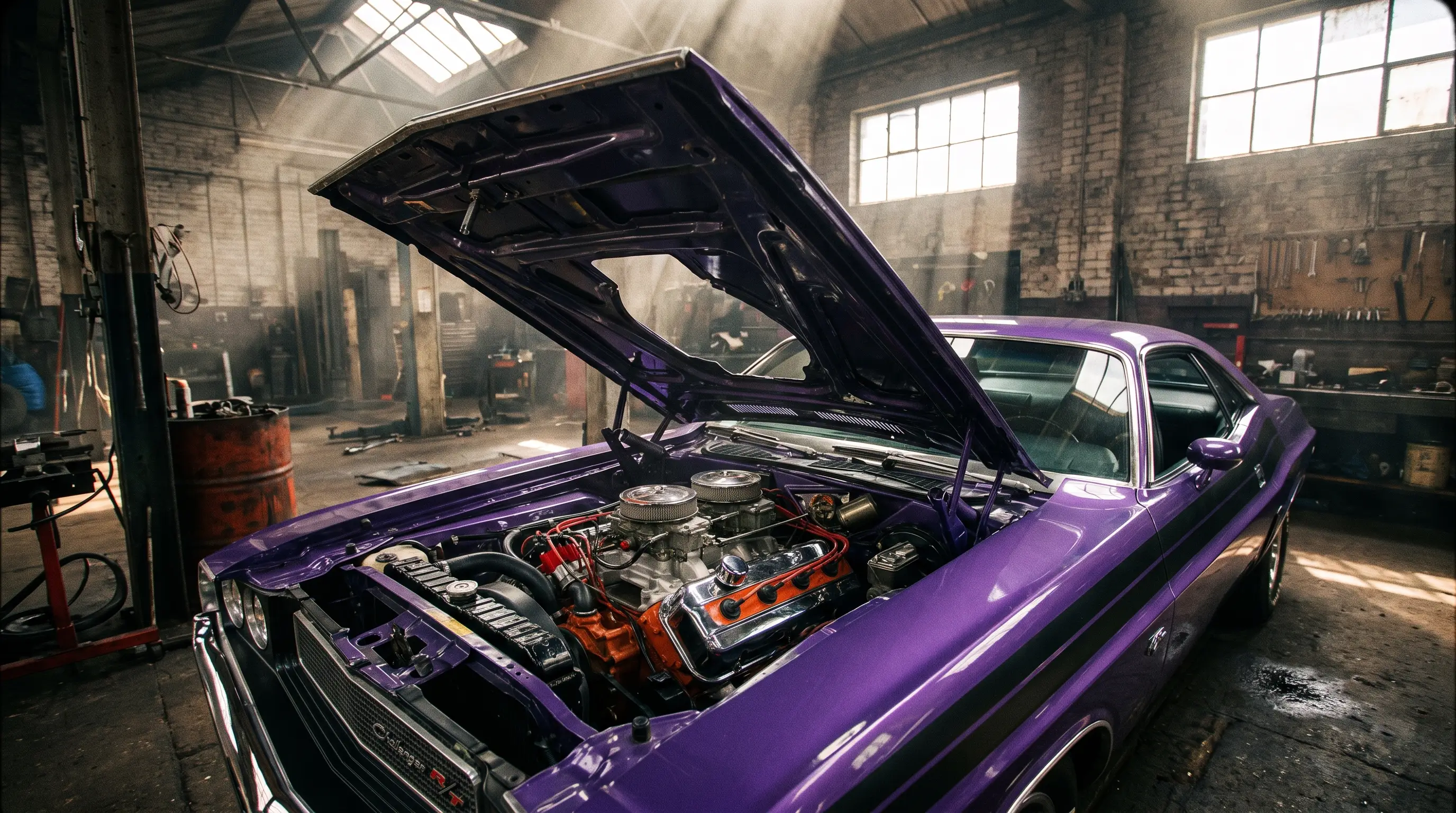 1970 Dodge Challenger R/T with hood open revealing the 426 Hemi engine
