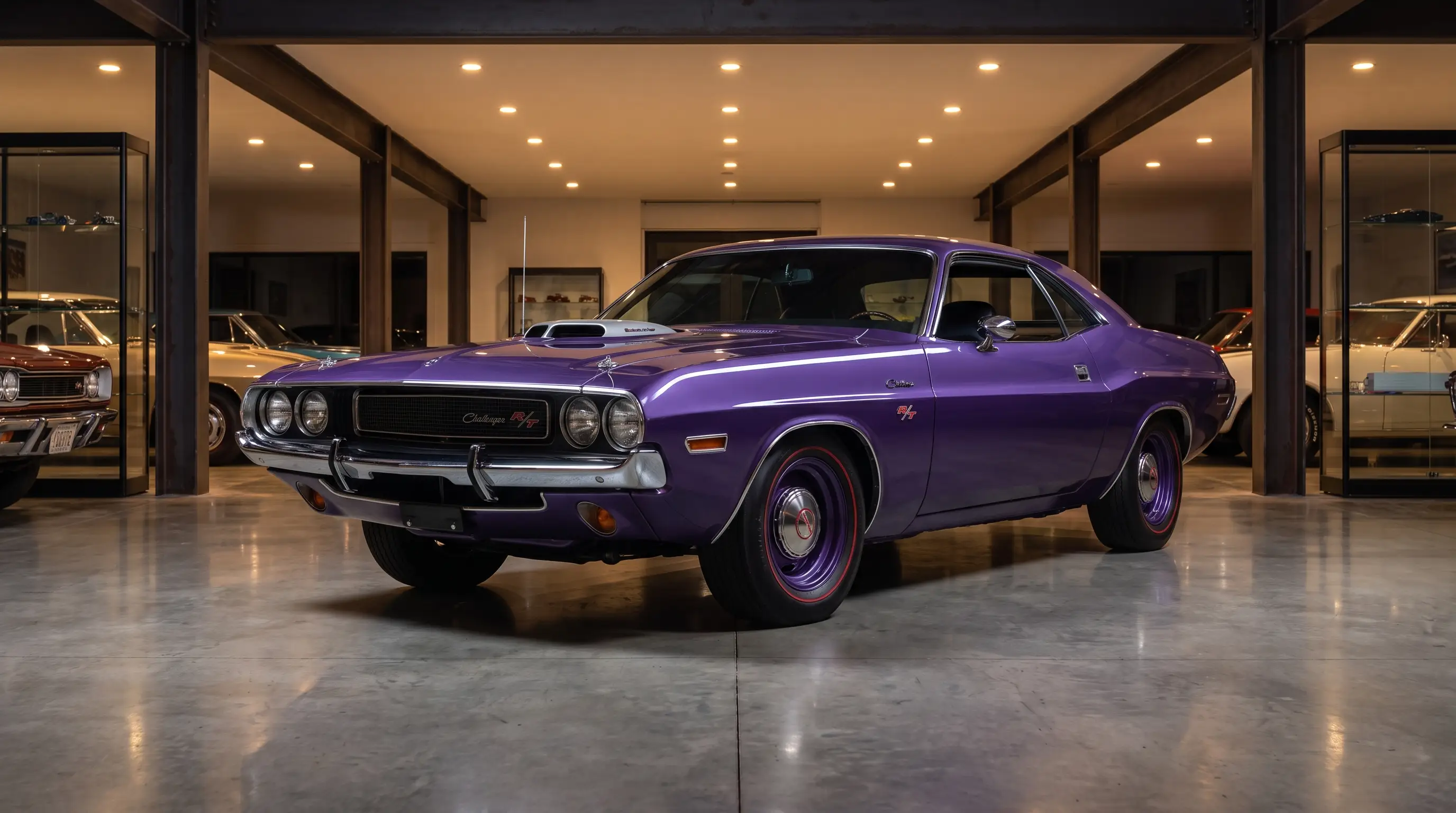 Purple Dodge Challenger R/T Hemi in a private collector garage