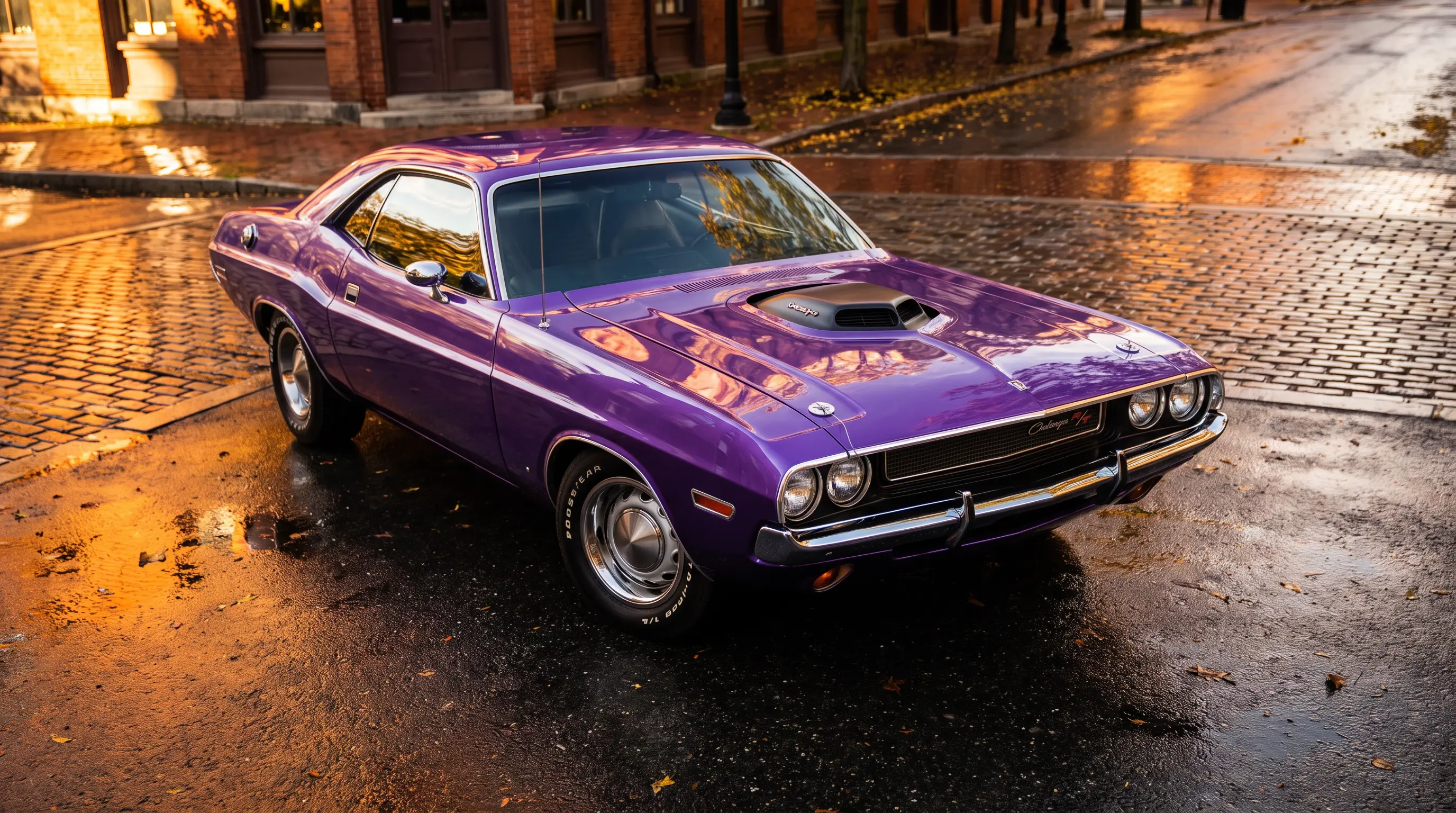 1970 Dodge Challenger in vivid Plum Crazy purple on a wet city street at golden hour