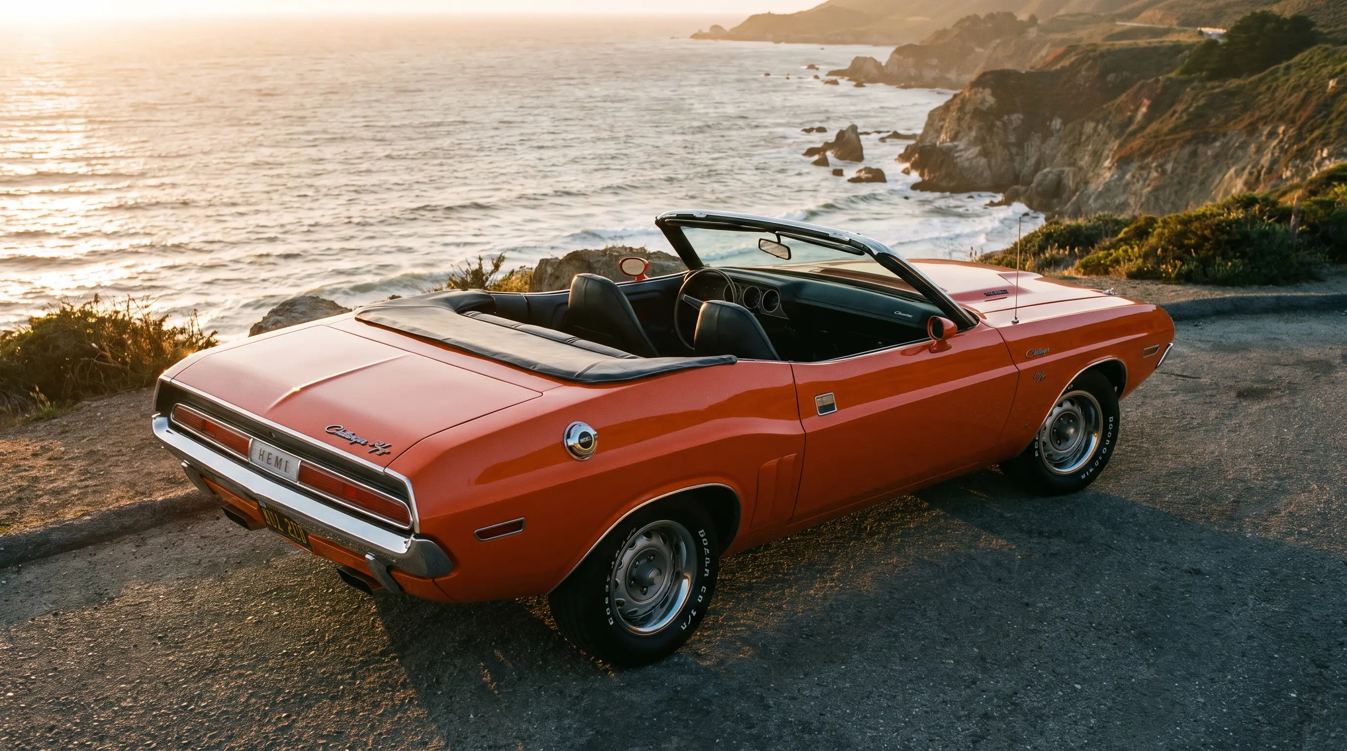Rare 1971 Hemi Dodge Challenger convertible with top down at a coastal sunset