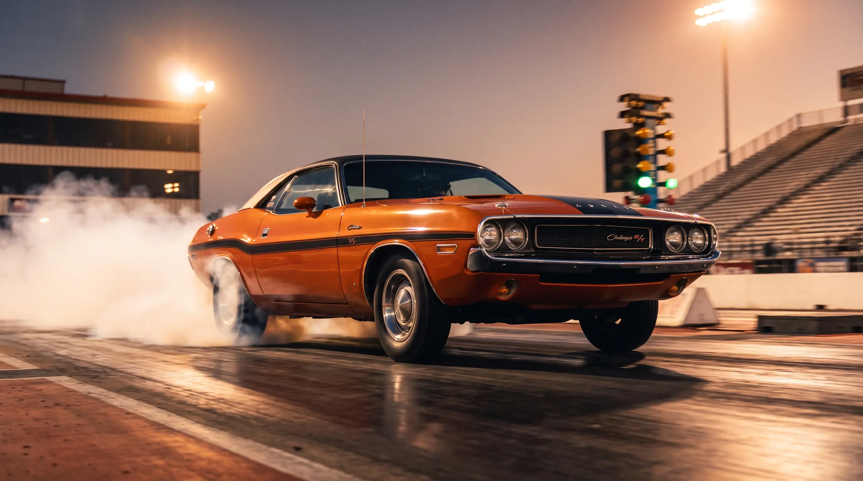 1970 Hemi Challenger launching off the line at a floodlit evening drag strip