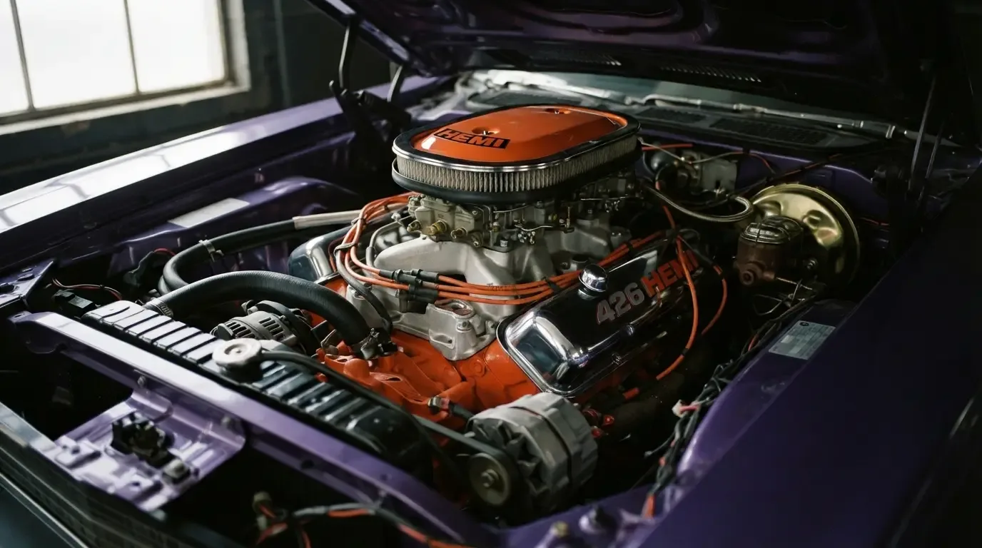 426 Hemi V8 engine bay close-up, Mopar muscle car