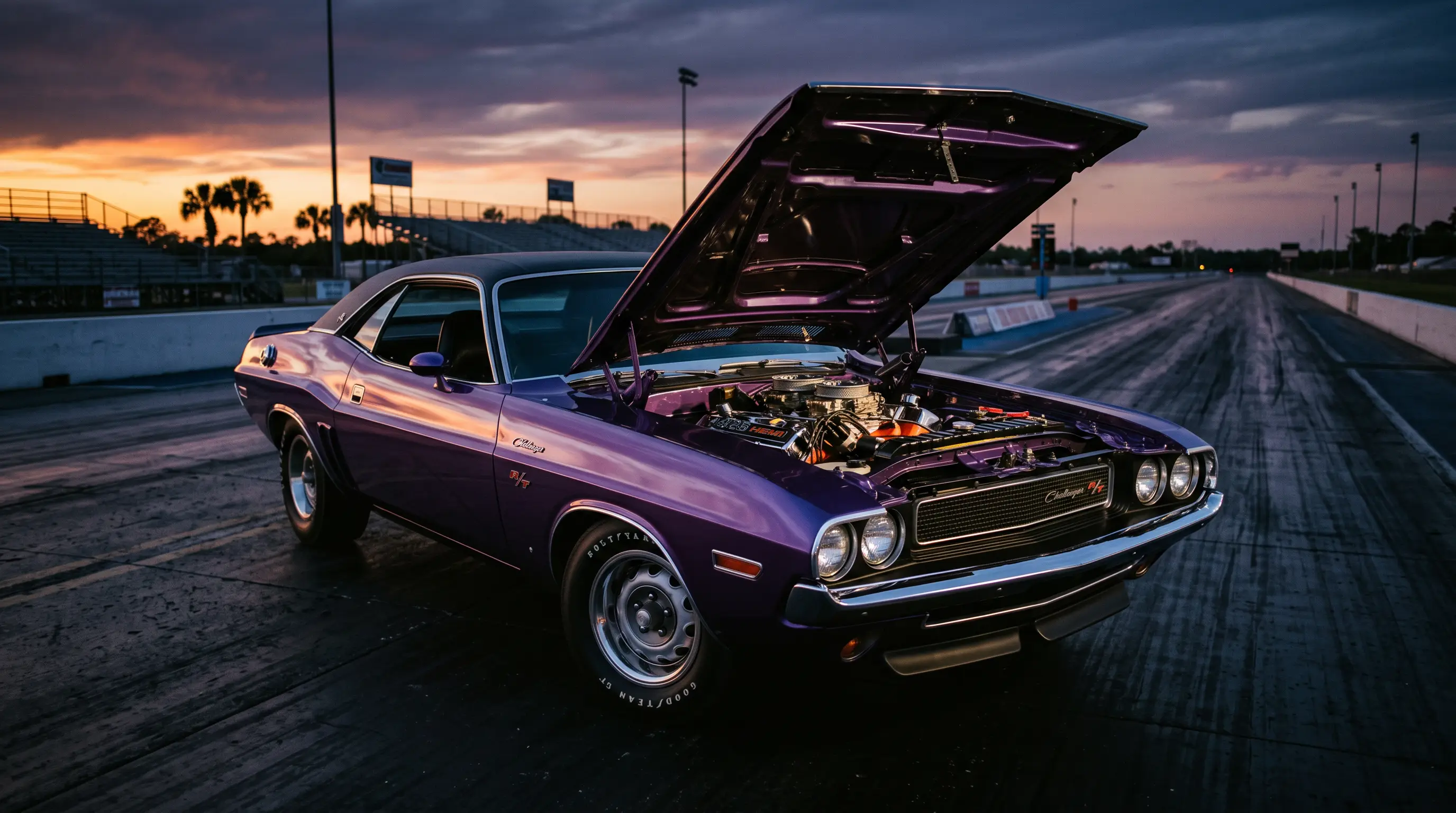 Purple Dodge Challenger R T with open 426 Hemi engine bay on an empty drag strip at dusk