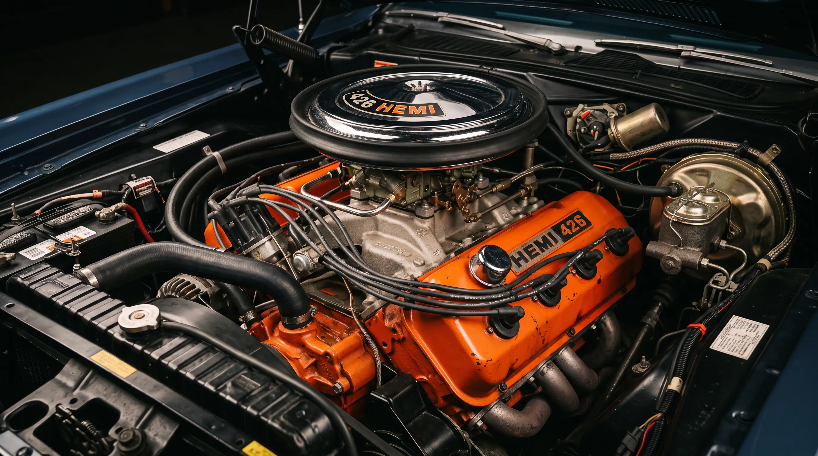 Close up of the 426 Hemi V8 engine bay in a 1970 Dodge Challenger