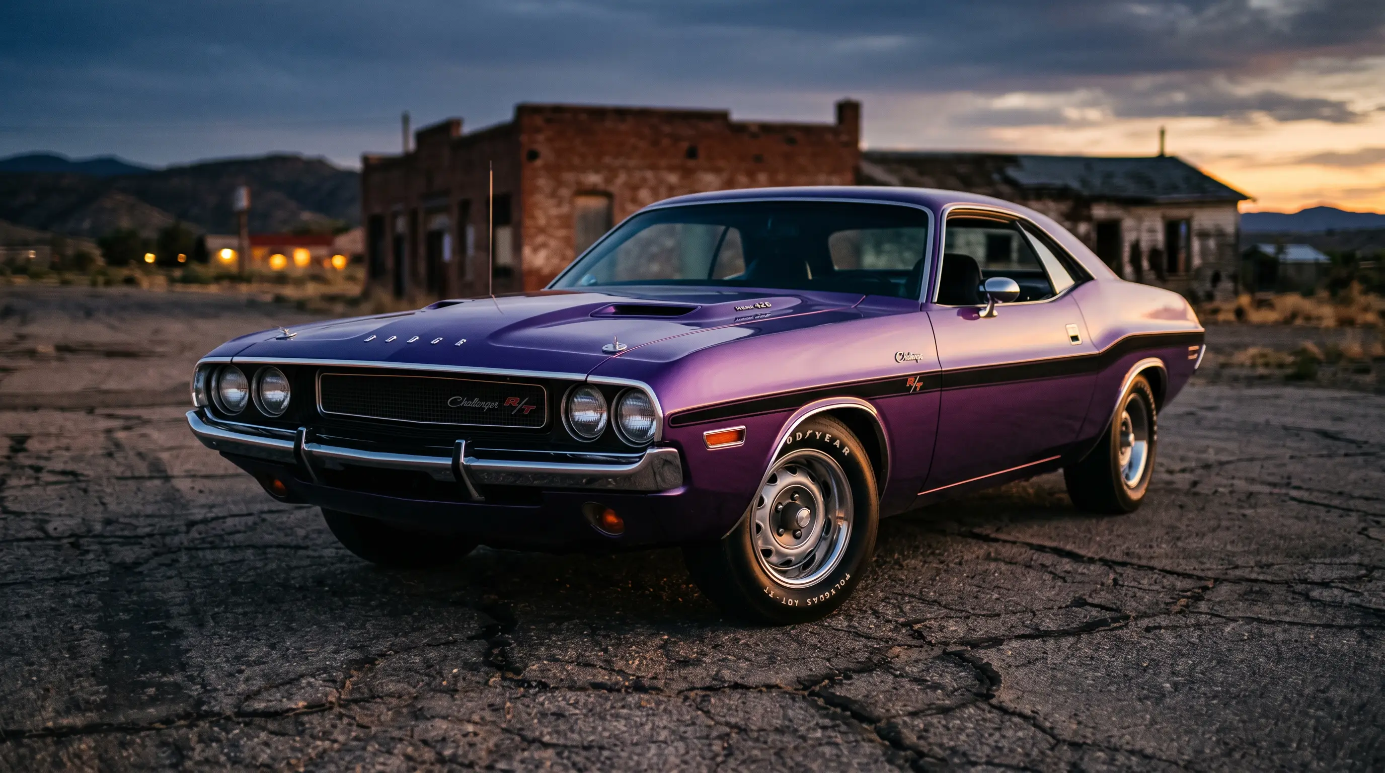1970 Dodge Challenger R/T Hemi in Plum Crazy purple parked at dusk