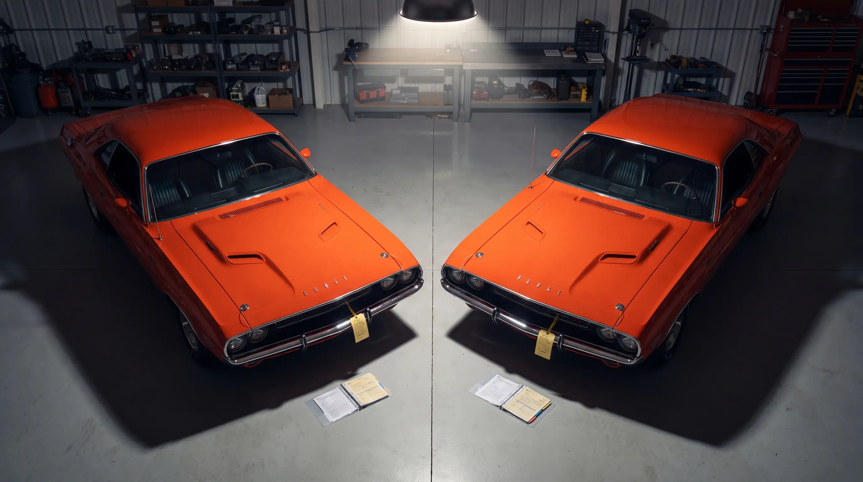 Two nearly identical orange Hemi Challengers parked side by side in a spotlit garage