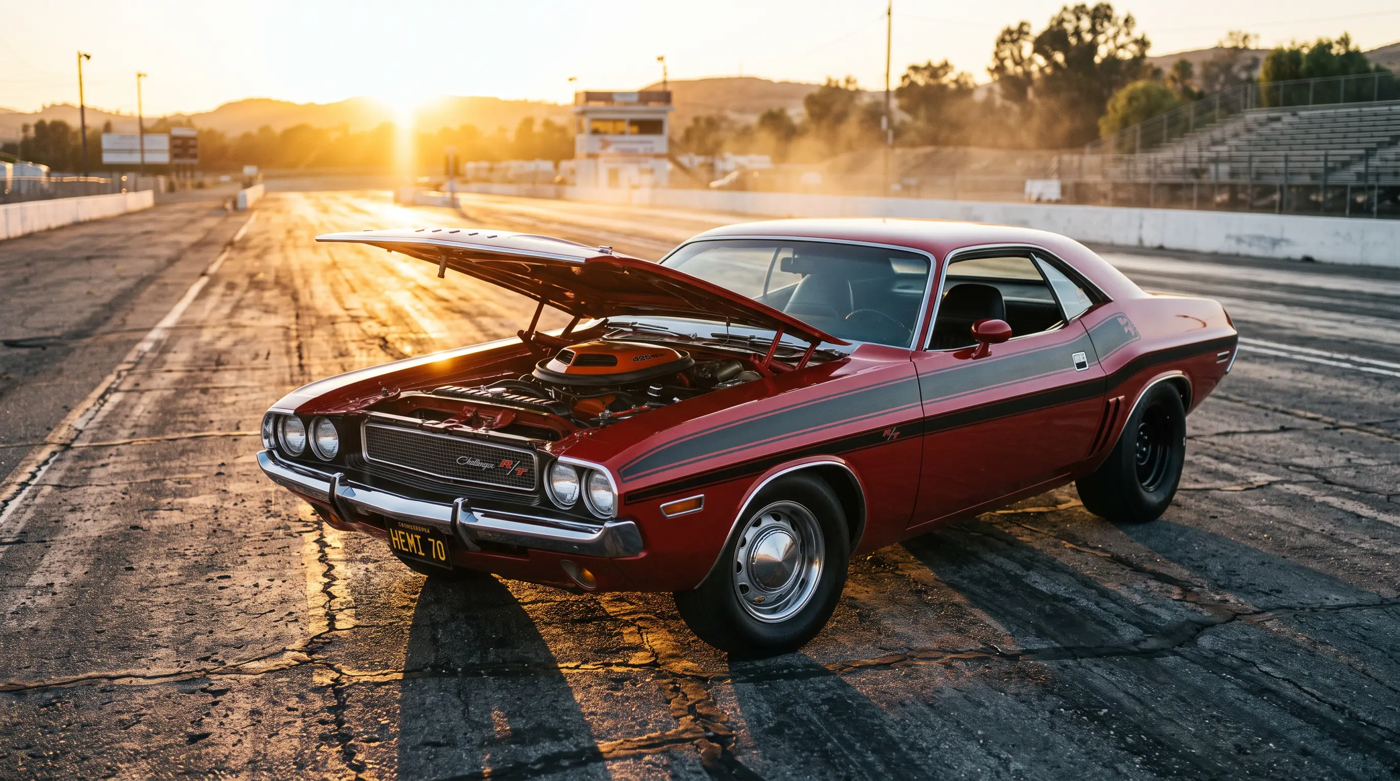 1970 Dodge Challenger R/T with 426 Hemi parked on a drag strip at golden hour