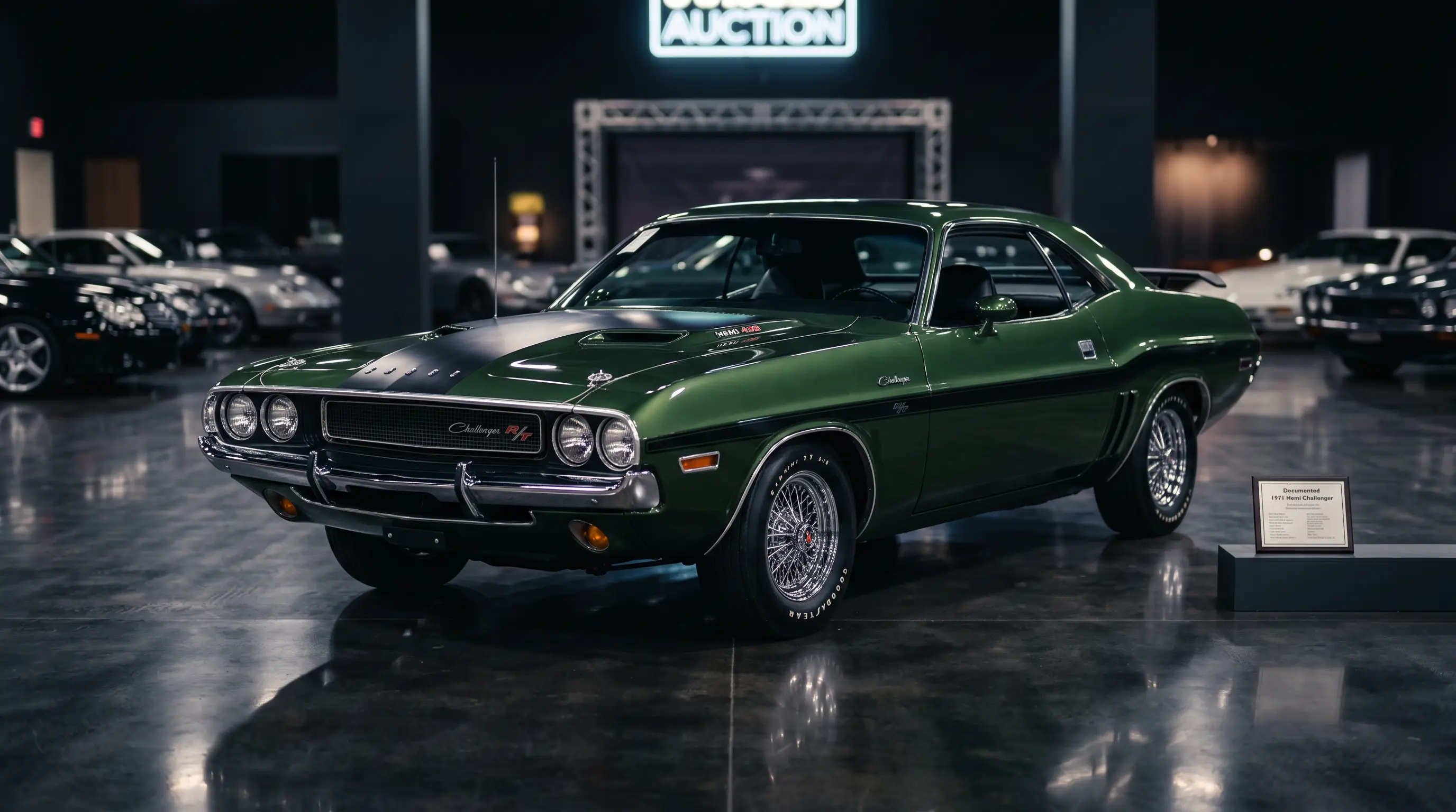 Documented 1971 Hemi Dodge Challenger in green under museum spot lighting