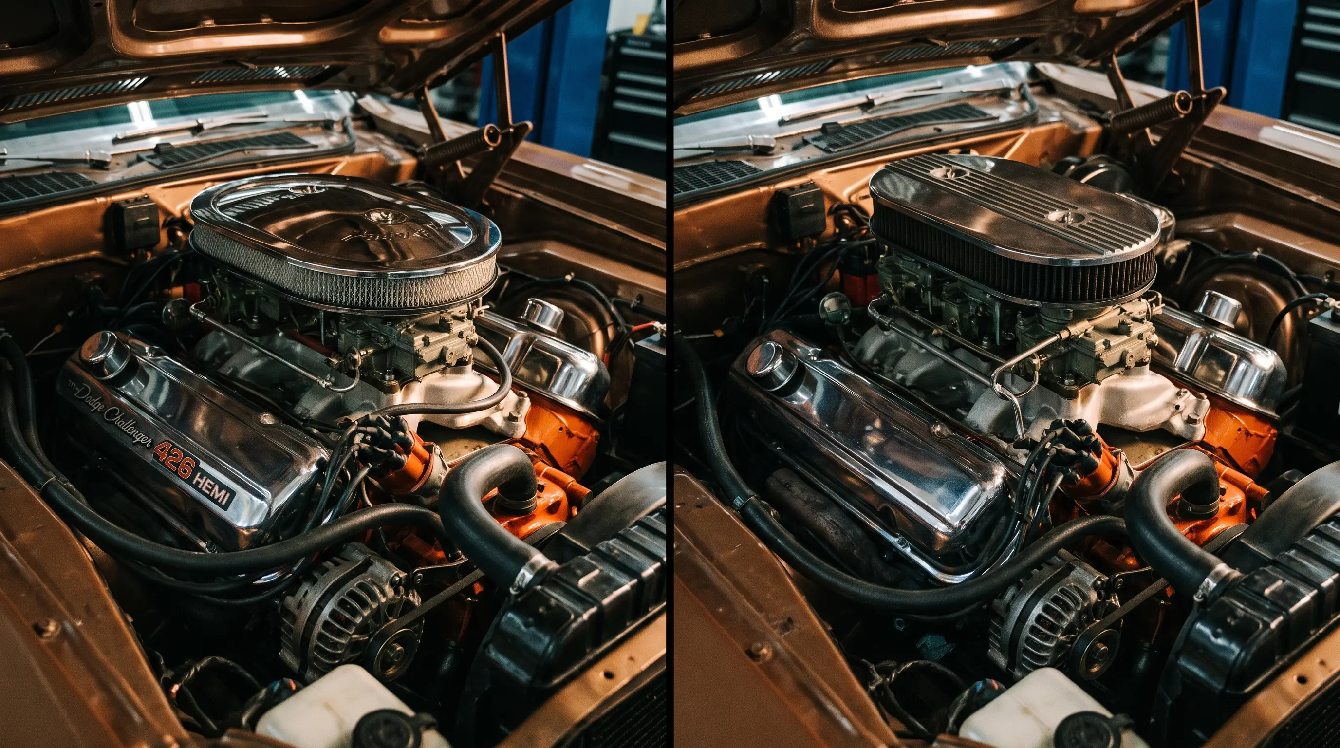 Split view of Dodge Challenger Hemi and 440 Six Pack engine bays