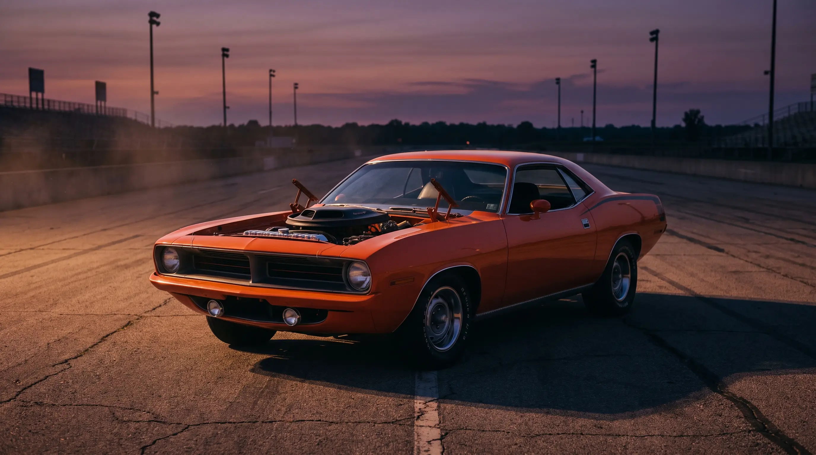 Orange 1970 Plymouth Hemi Cuda with shaker hood at dusk on a drag strip