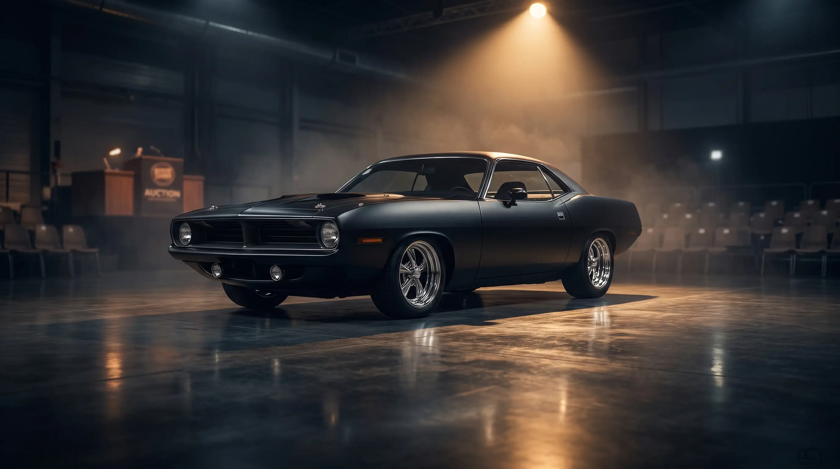 Matte black 1970 Hemi Cuda spotlighted in a dim auction hall at night