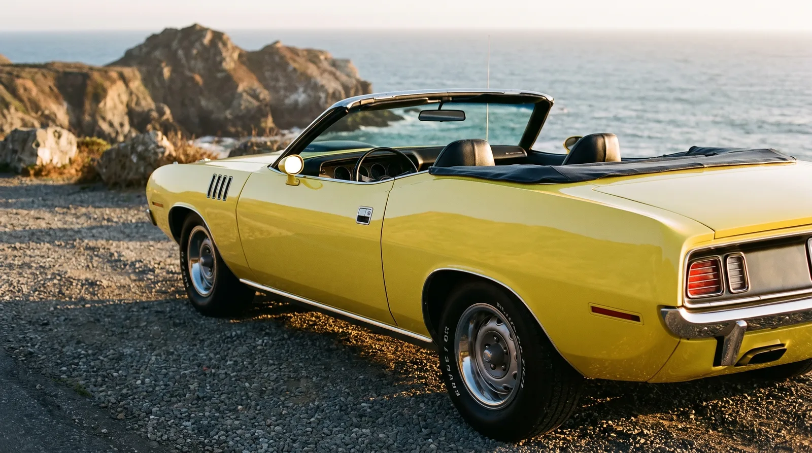1971 Plymouth Hemi 'Cuda convertible — cliffside overlook at golden hour