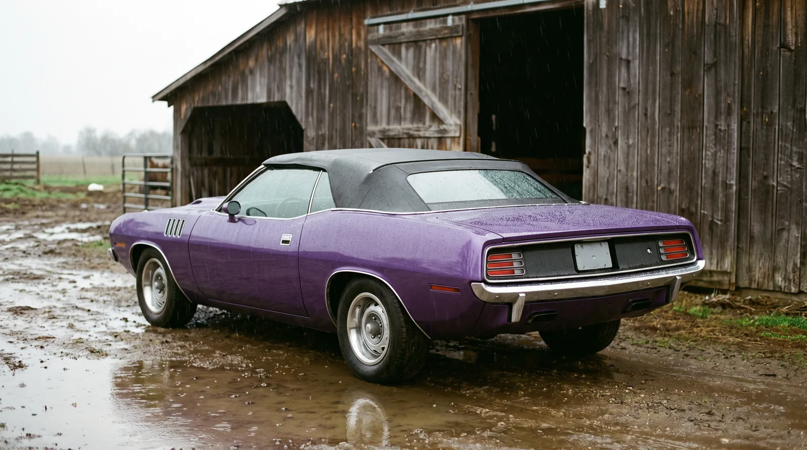 1971 Plymouth Hemi Cuda convertible — parked by a barn in rain