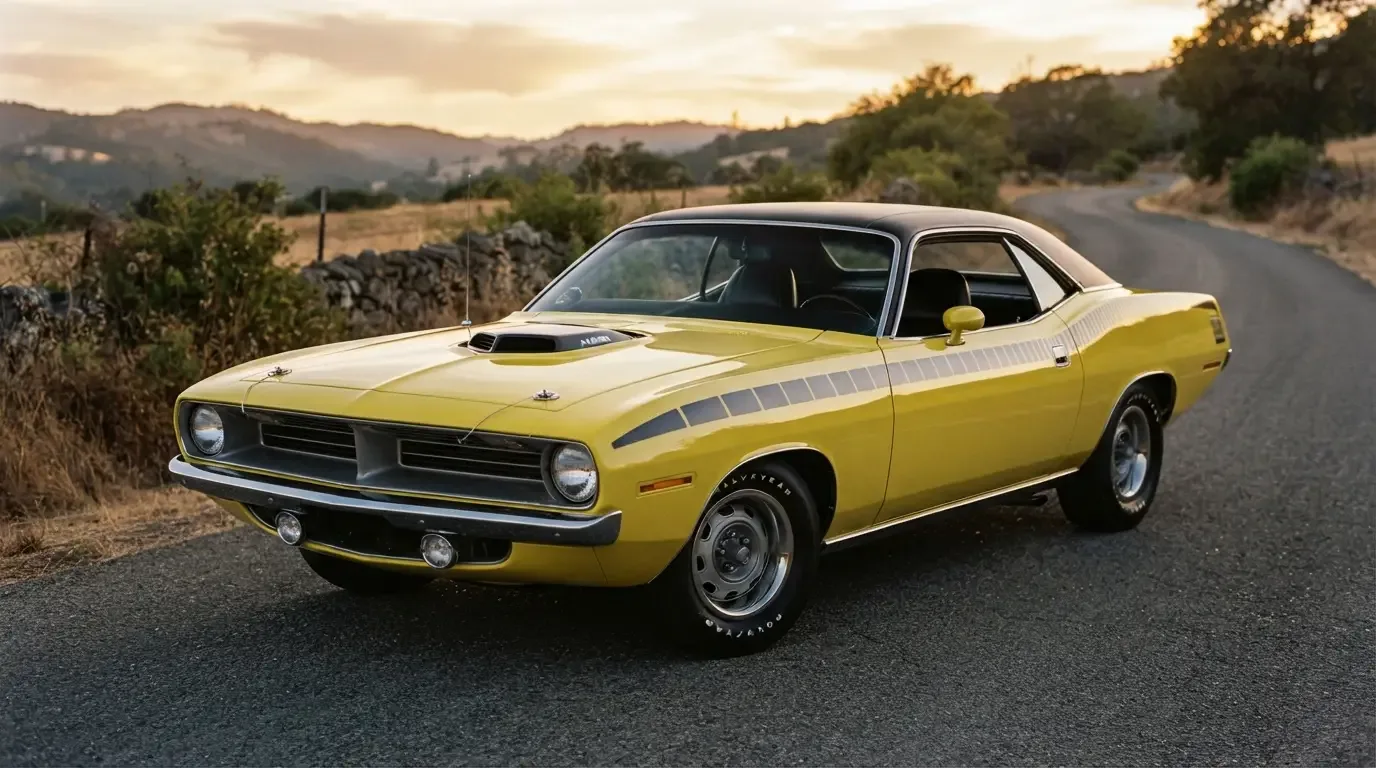 Collector-grade Hemi Cuda Plymouth Barracuda with 426 Hemi, three-quarter front view