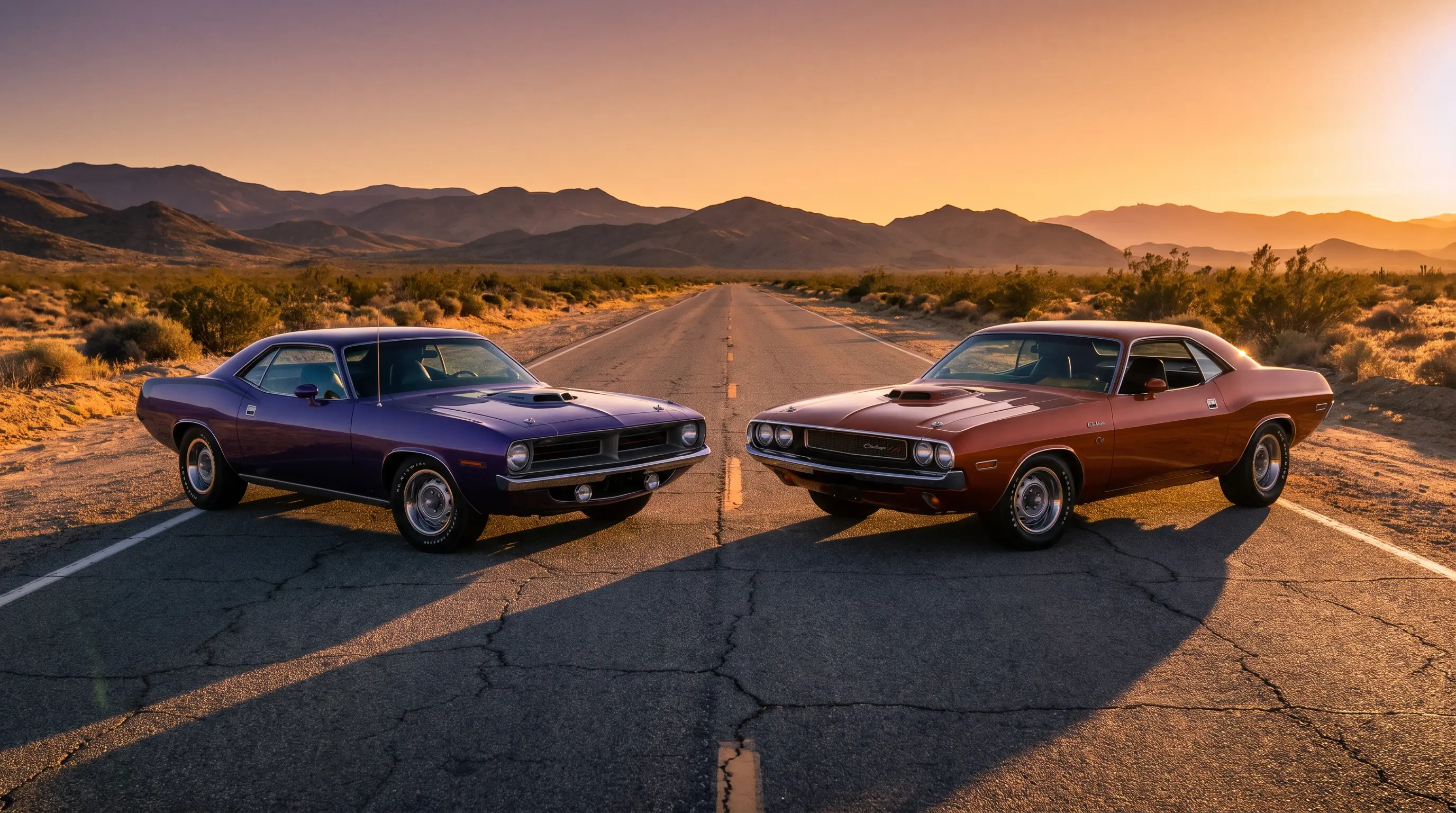 Purple Hemi Cuda and orange Challenger parked together on a desert highway