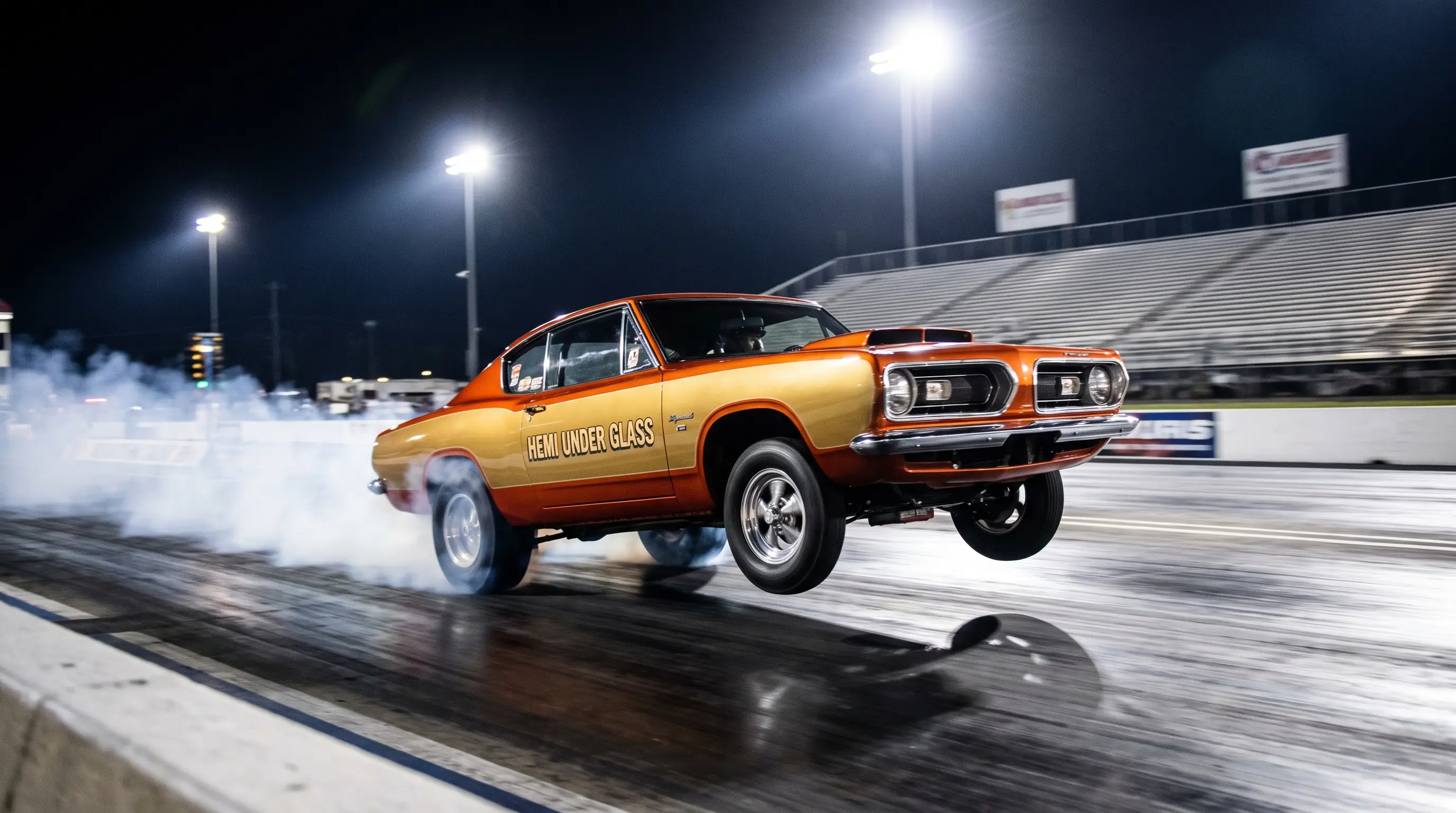 Hemi Under Glass Plymouth Barracuda popping a wheelie on a drag strip
