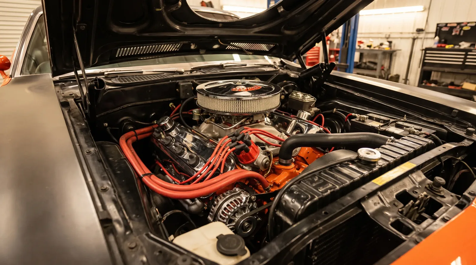 426 Hemi orange V8 engine with wide hemispherical valve covers in a Plymouth Cuda engine bay