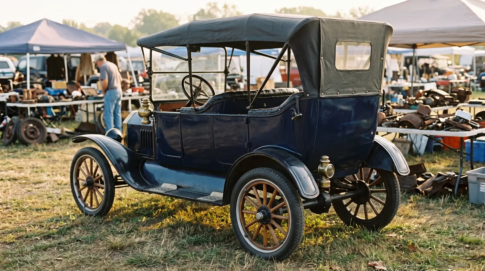 1913 Ford Model T touring, parked at a swap meet at sunset