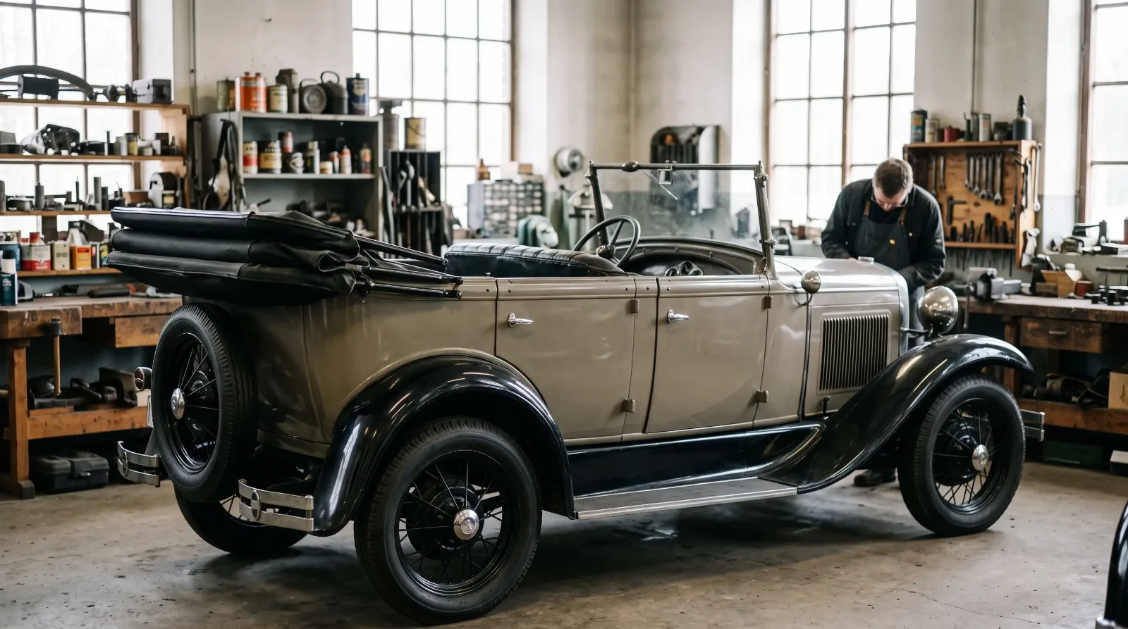 1930 Ford Model A phaeton in a museum conservation workshop