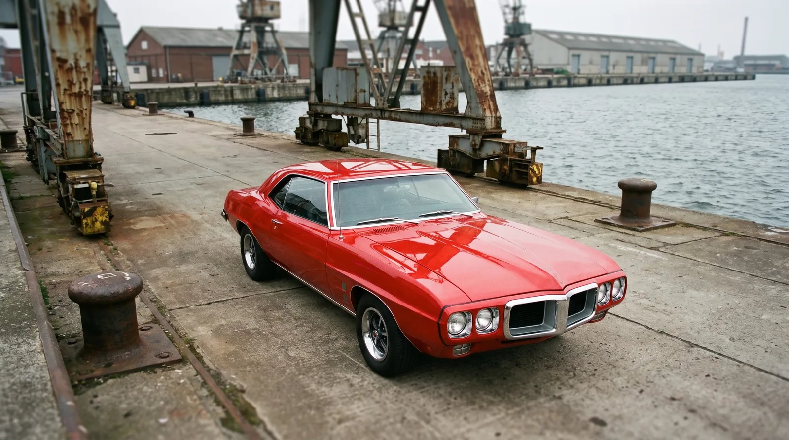 1969 Pontiac Firebird, parked on an industrial waterfront quay
