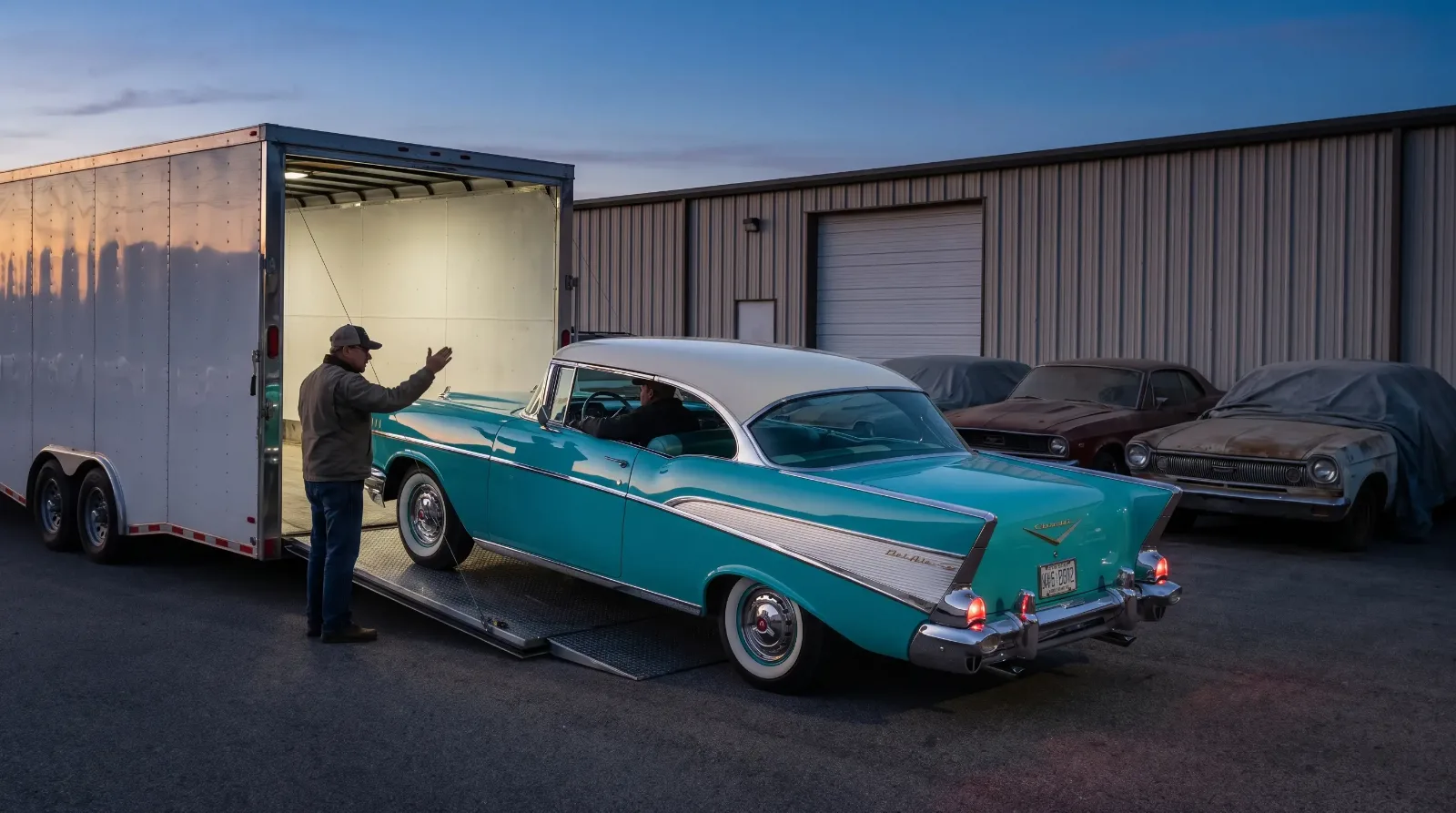 A restored two-tone 1957 classic car being loaded into an enclosed trailer beside covered project cars in storage