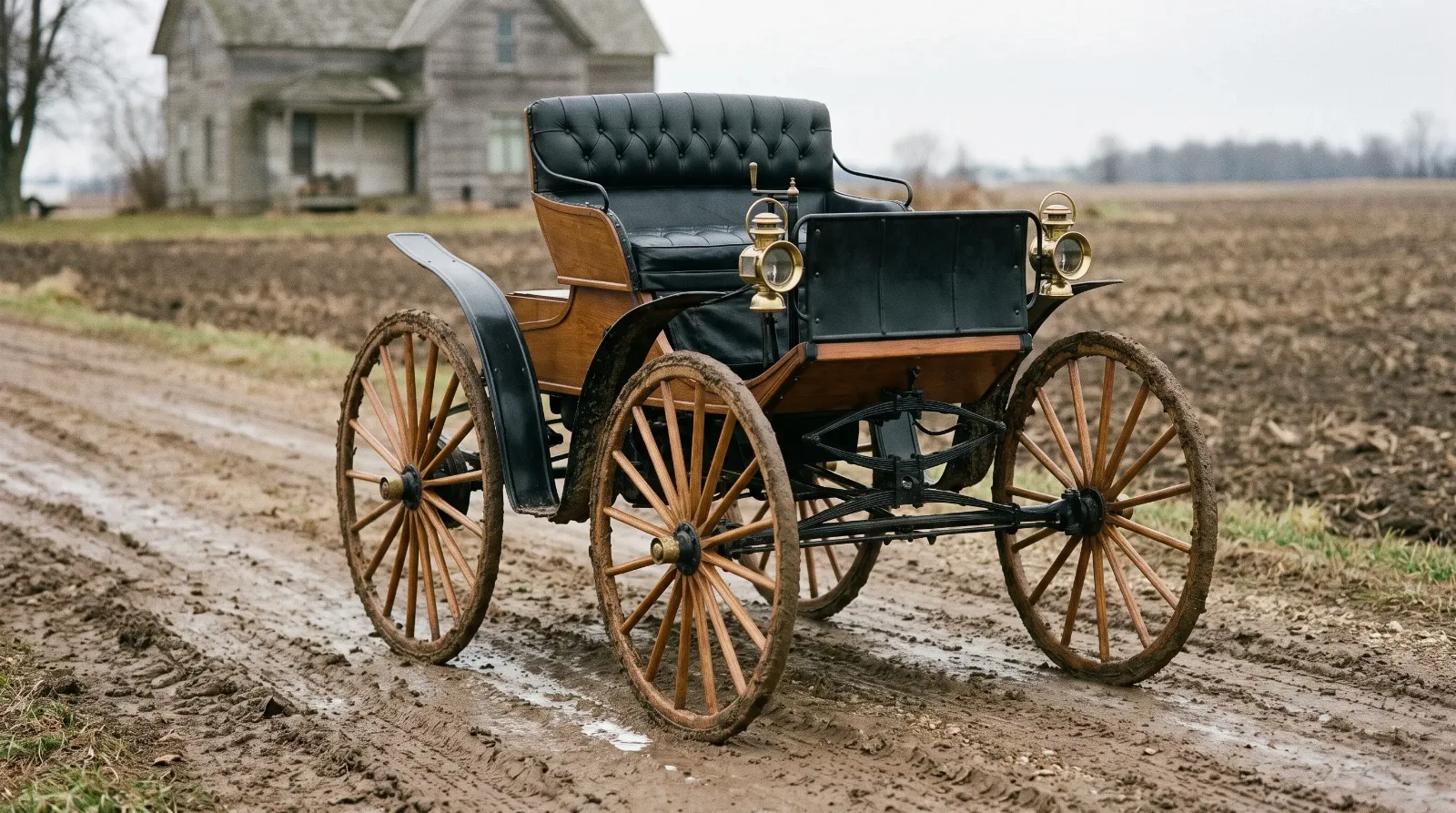 High-wheeler motor buggy on a muddy farm road