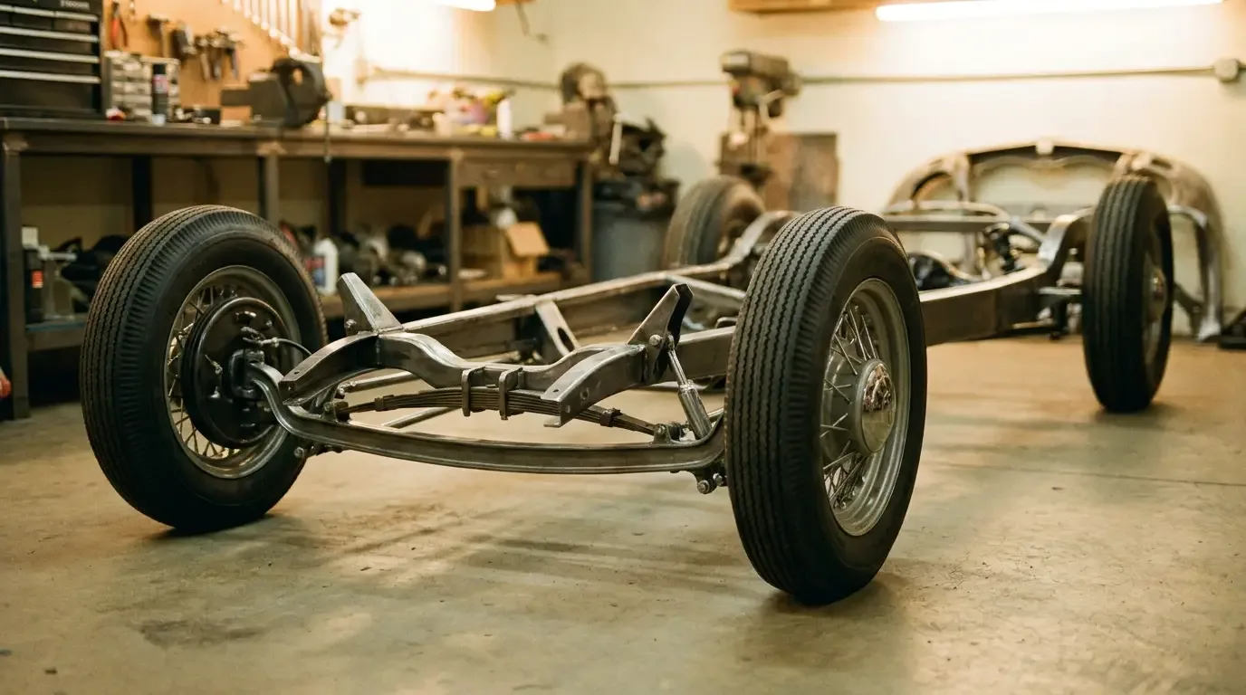 Bare hot-rod rolling chassis on a shop floor with boxed frame rails and a dropped front axle located by split wishbones, no body attached