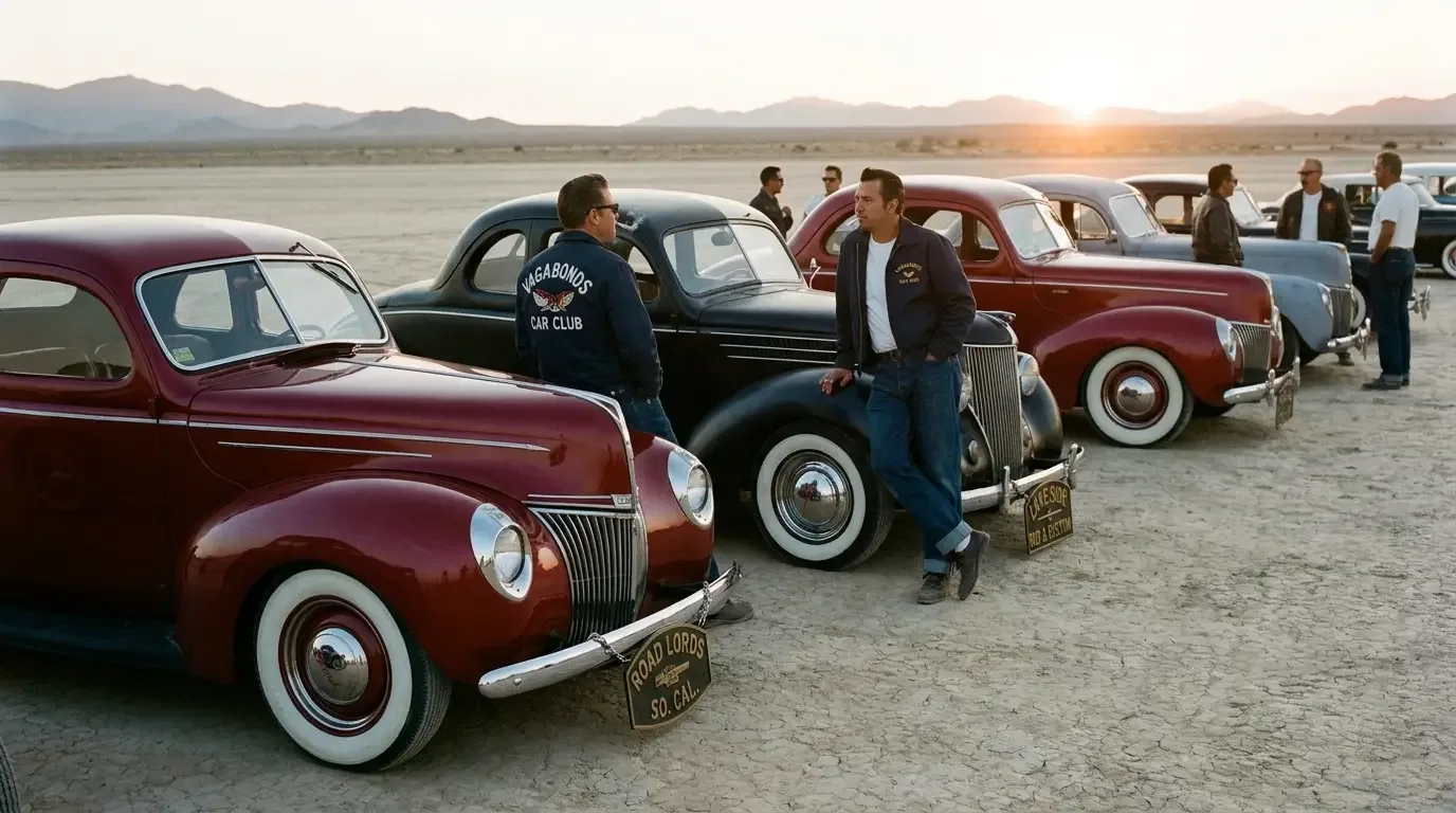 A row of traditional postwar hot rods parked together at a mid-century Southern California club gathering, members in club jackets standing by chopped Ford coupes with cast-metal plaques on the rear bumpers