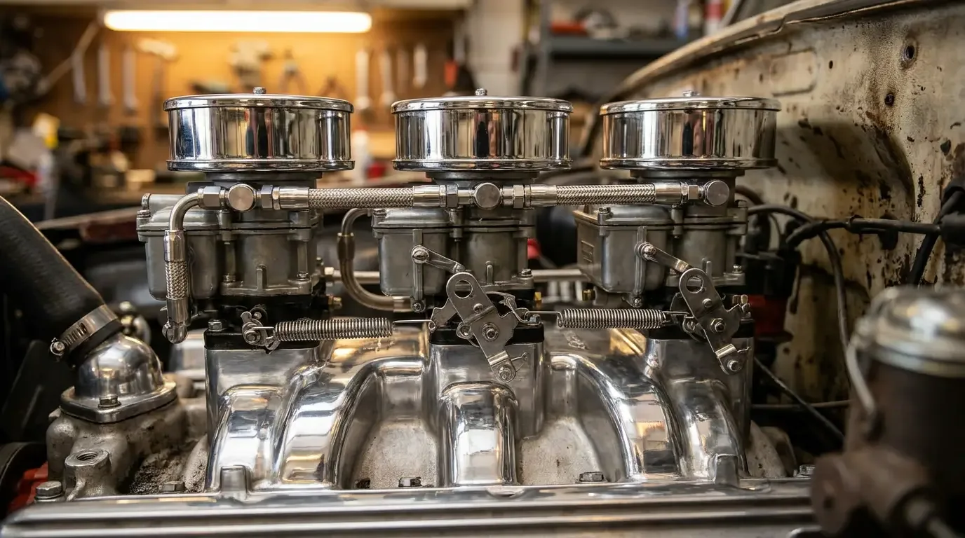 Close-up of a polished tri-power intake manifold with three two-barrel carburetors and chrome air cleaners on a hot-rod V8