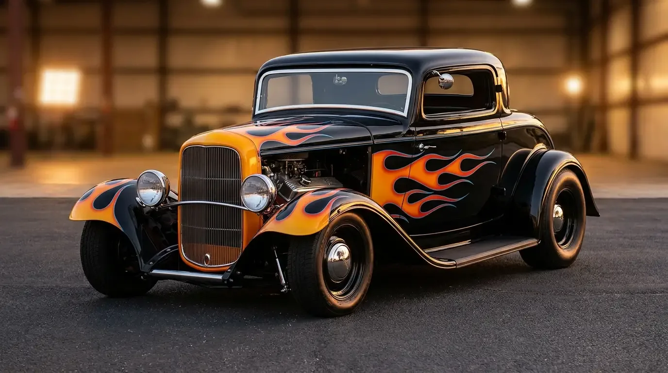 Classic hot rod in three-quarter front view with glossy black paint and bold traditional orange and yellow flames licking back from the nose, sitting low with wide rear tires