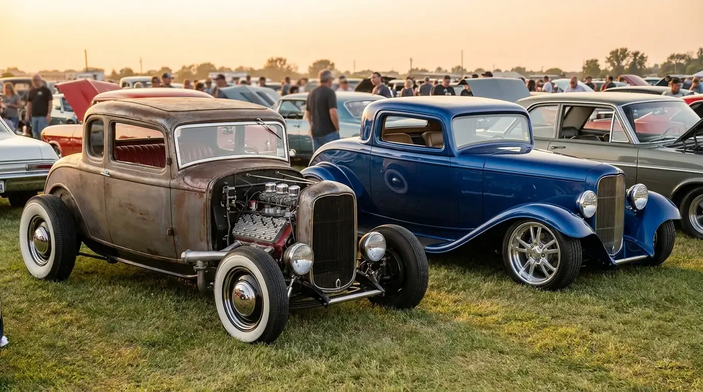A traditional steel-wheel whitewall hot rod parked beside a sleek modern-wheeled restomod, old-school versus modern contrast