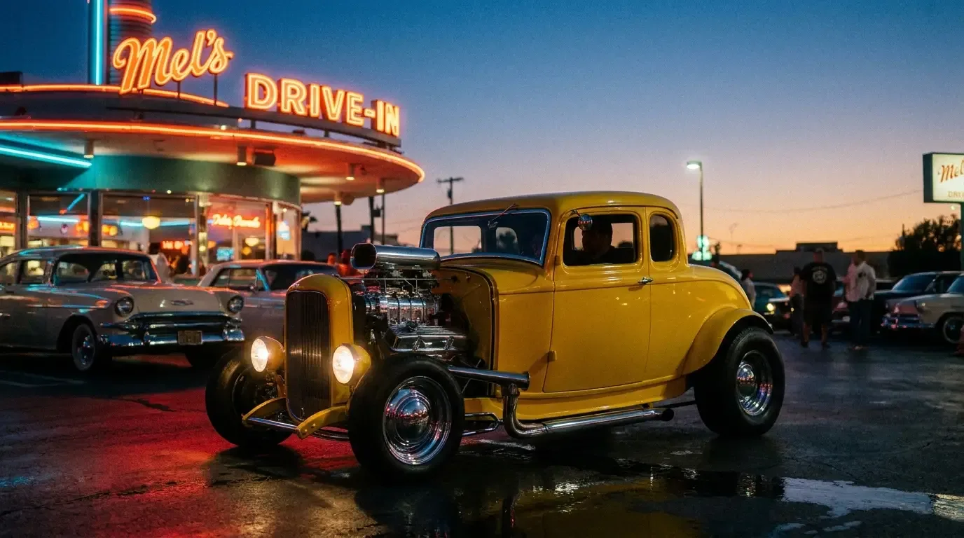 Bright yellow 1932 Ford Deuce coupe hot rod idling under neon lights at a 1960s drive-in on cruise night, American Graffiti style